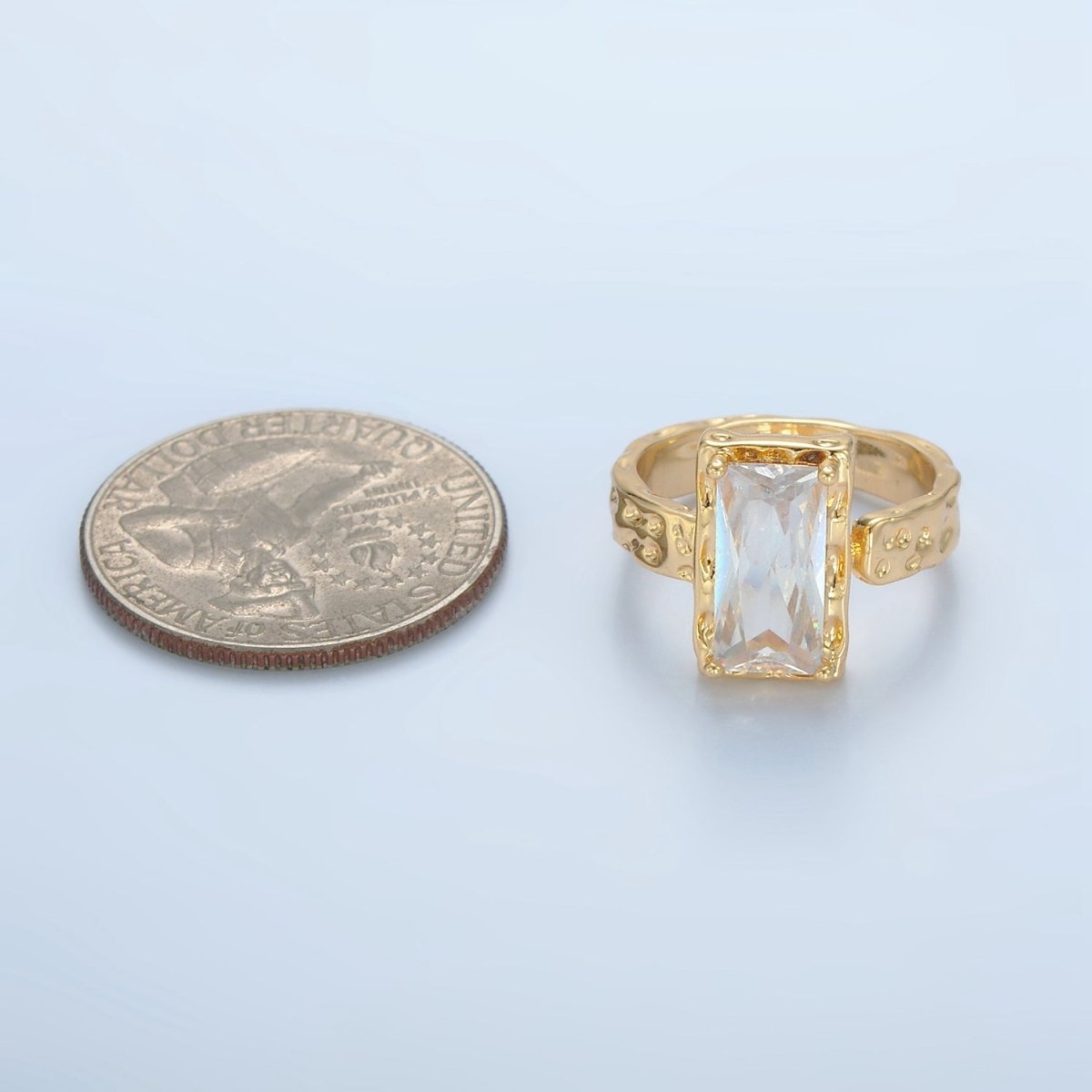 24K Gold Filled Clear CZ Baguette Hammered Wrap Band Ring | U320