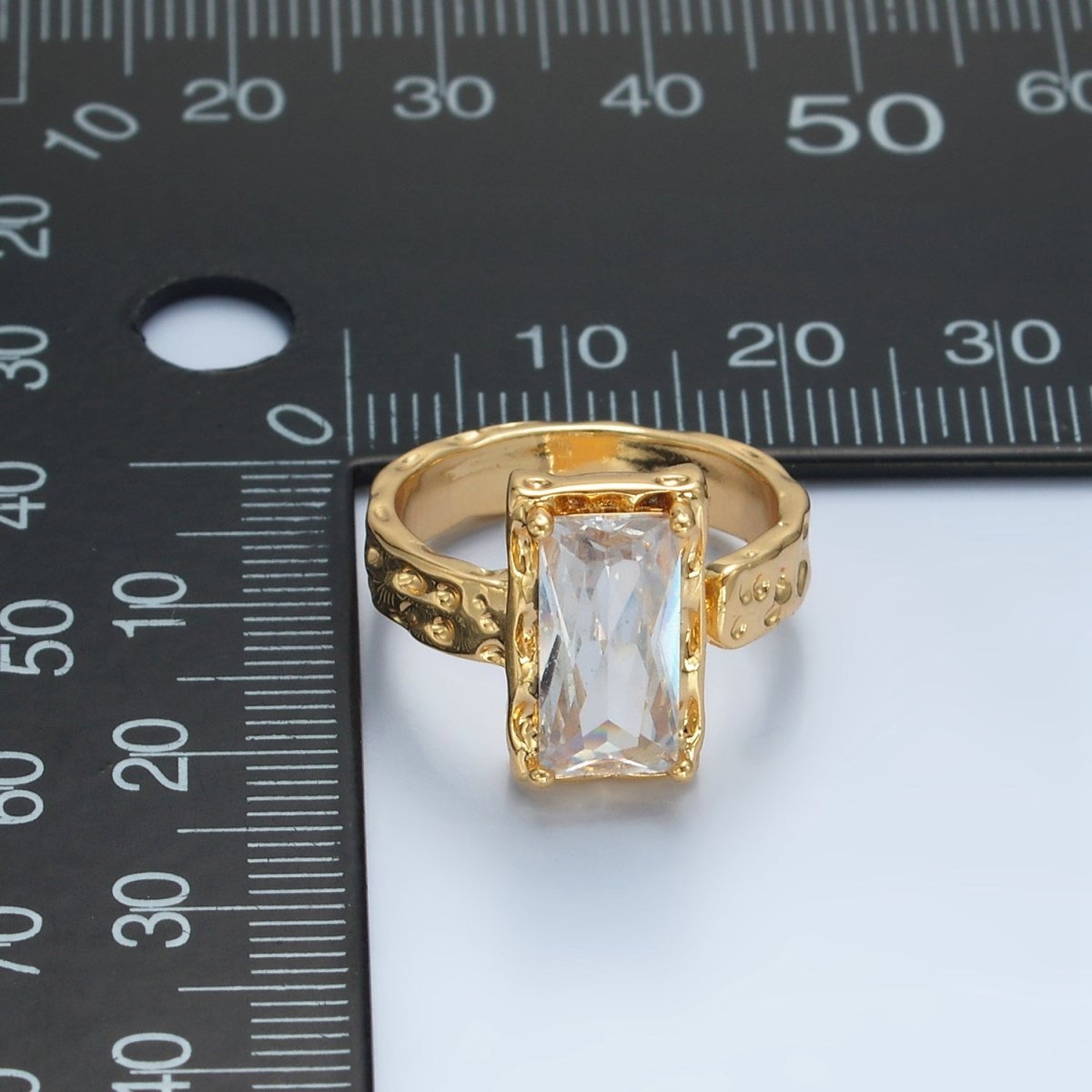 24K Gold Filled Clear CZ Baguette Hammered Wrap Band Ring | U320