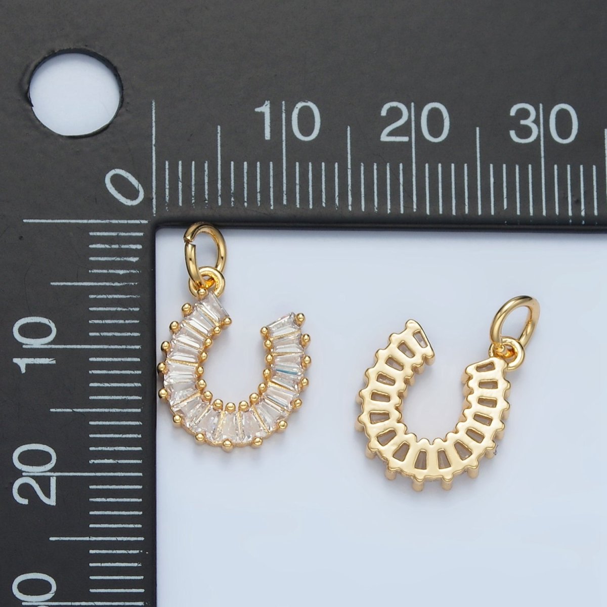 24K Gold Filled Clear CZ Baguette Horseshoe Charm | E683