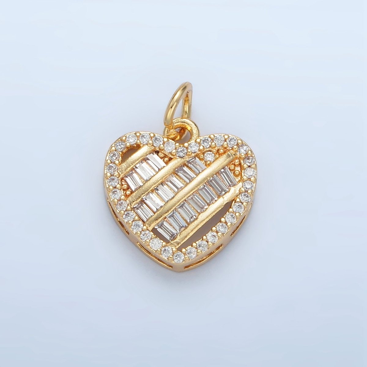 24K Gold Filled Clear CZ Baguette Micro Paved Heart Charm | N1380