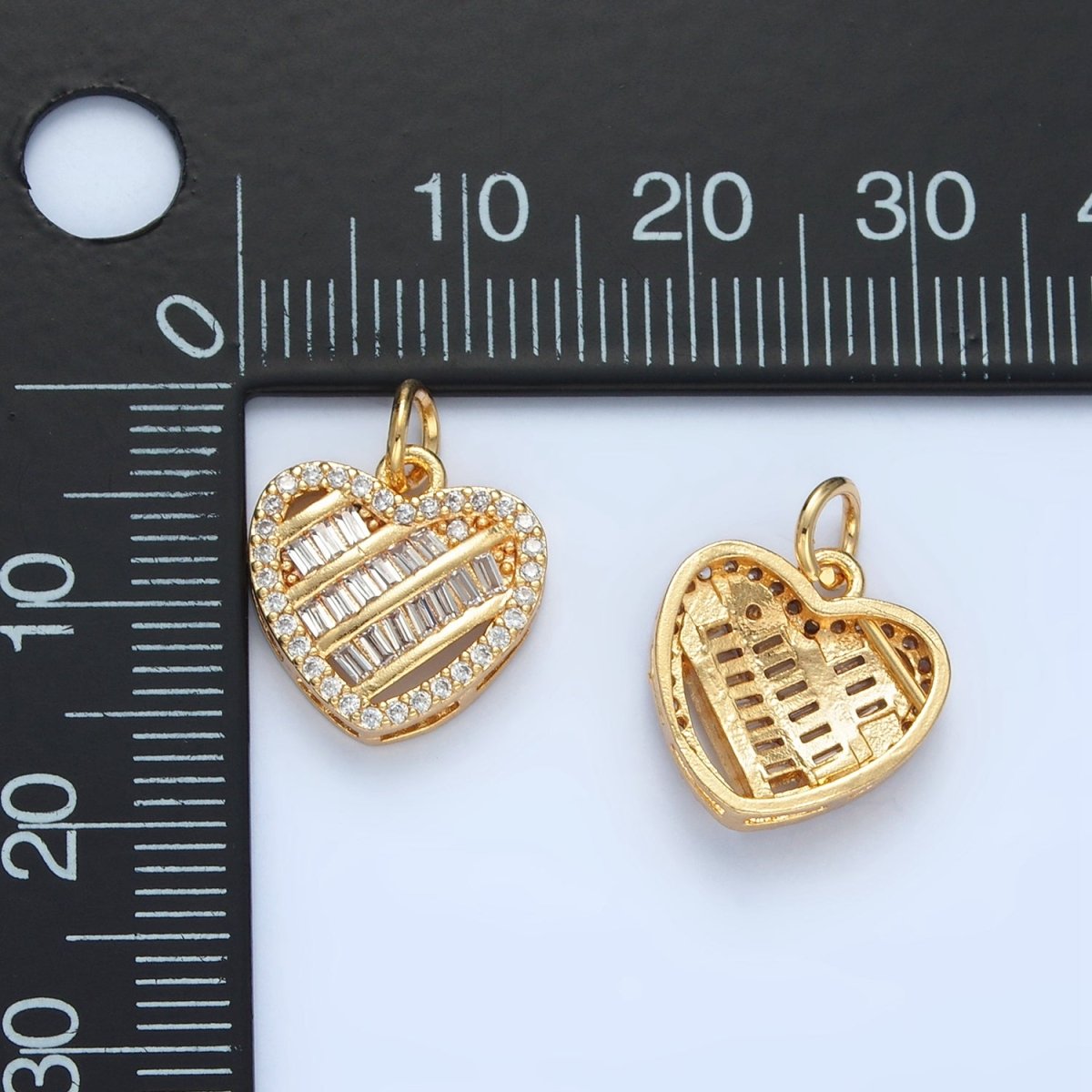 24K Gold Filled Clear CZ Baguette Micro Paved Heart Charm | N1380