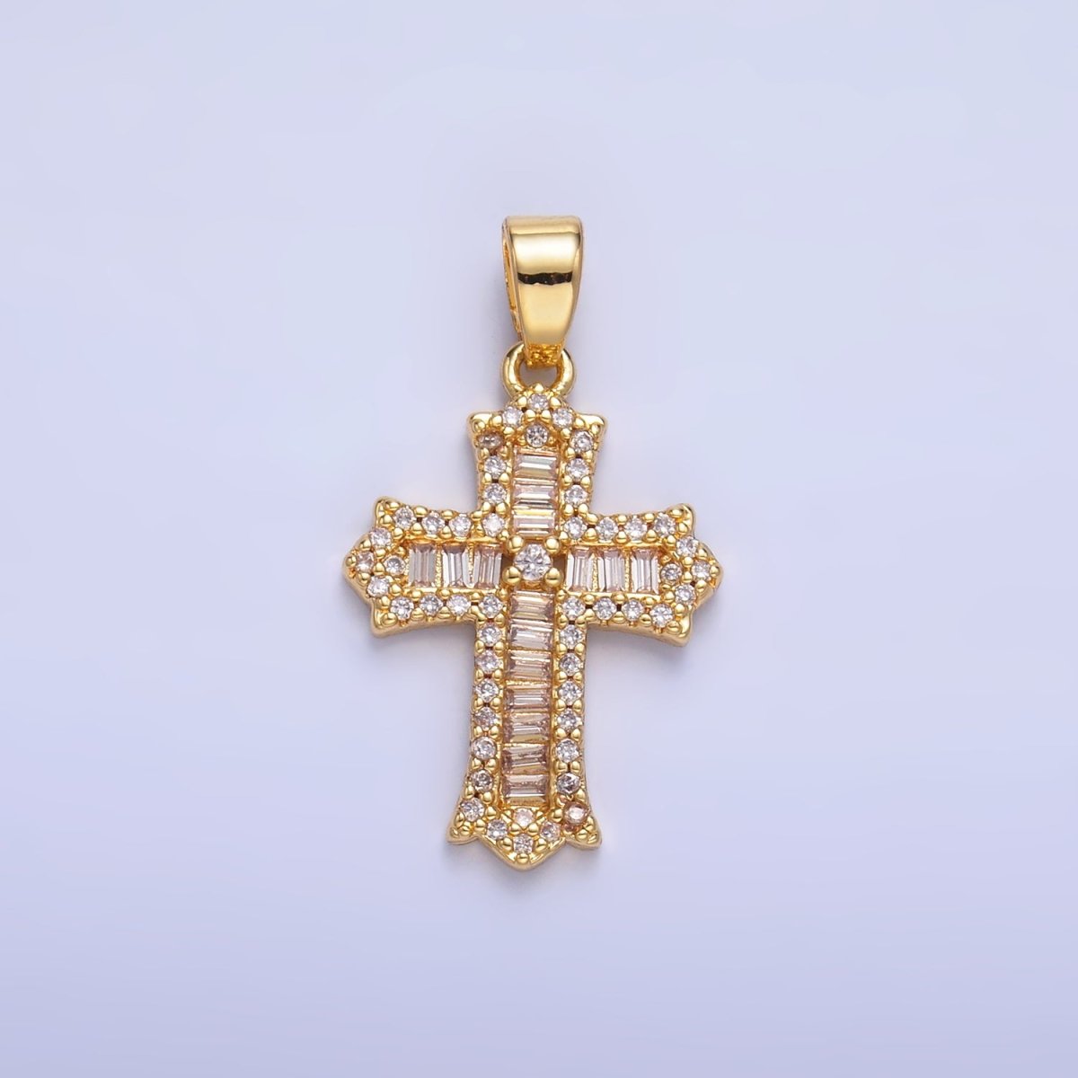 24K Gold Filled Clear CZ Baguette Micro Paved Passion Religious Cross Pendant | AA1329