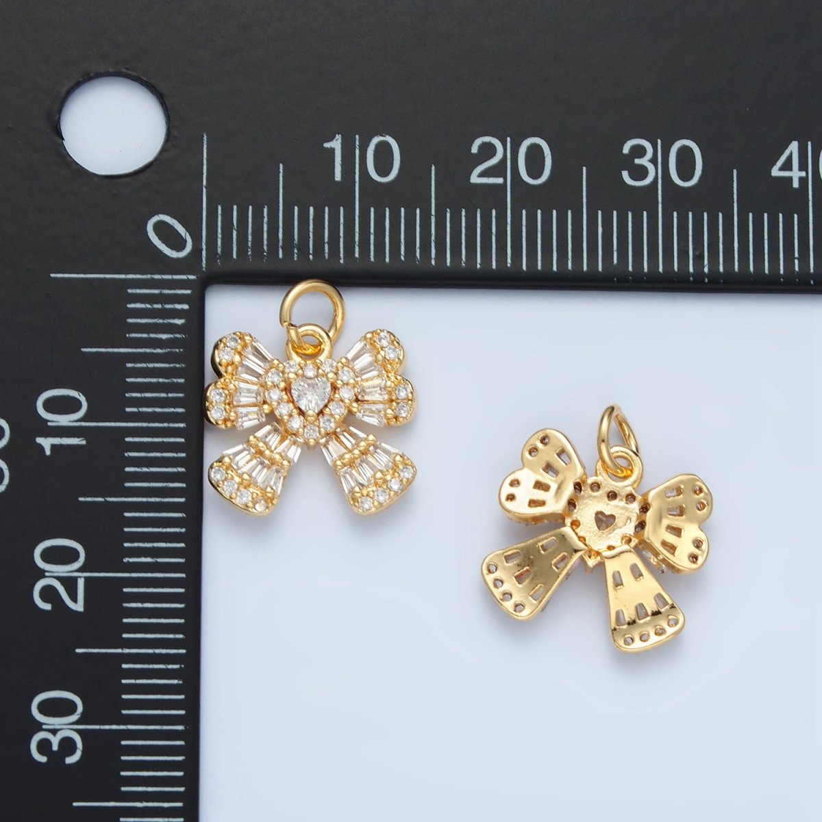 24K Gold Filled Clear CZ Baguette Ribbon Bow Charm | X553
