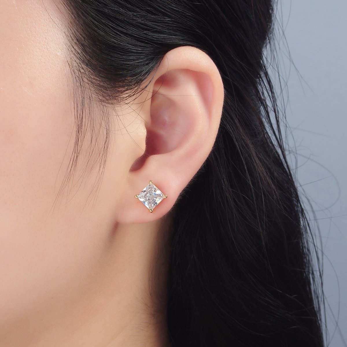 24K Gold Filled 8.3mm Clear CZ Square Baguette Stud Earrings | AB1222