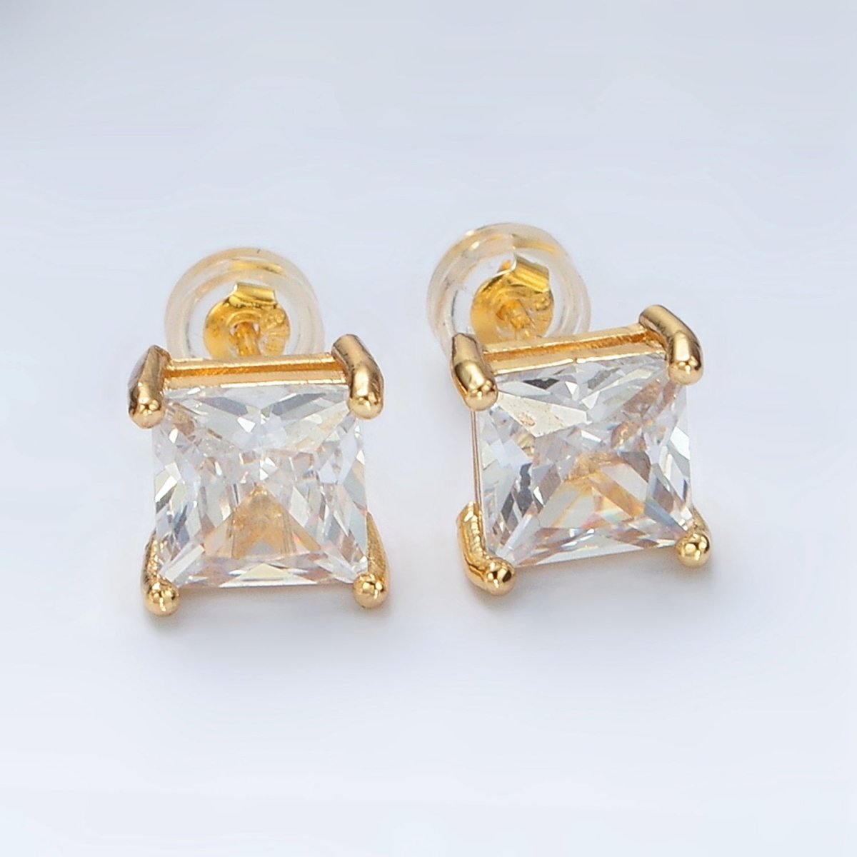 24K Gold Filled 8.3mm Clear CZ Square Baguette Stud Earrings | AB1222