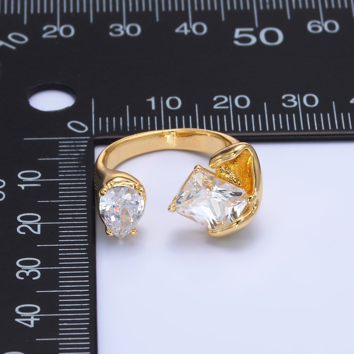 24K Gold Filled Clear CZ Baguette Teardrop Molten Wrap Claw Ring | O844