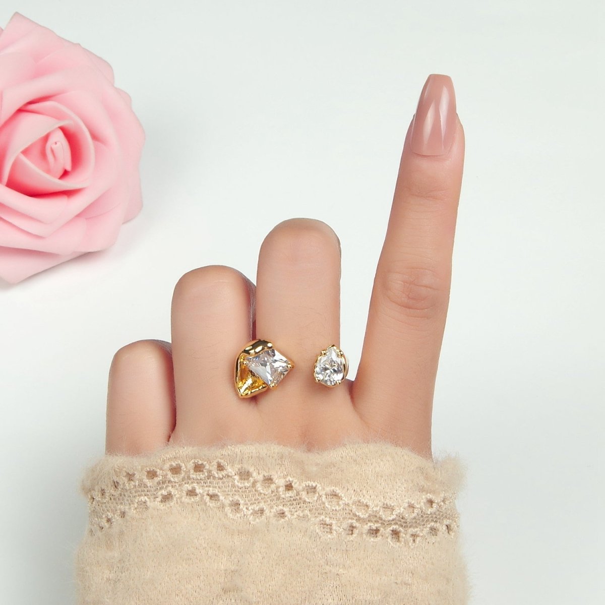 24K Gold Filled Clear CZ Baguette Teardrop Molten Wrap Ring | U339