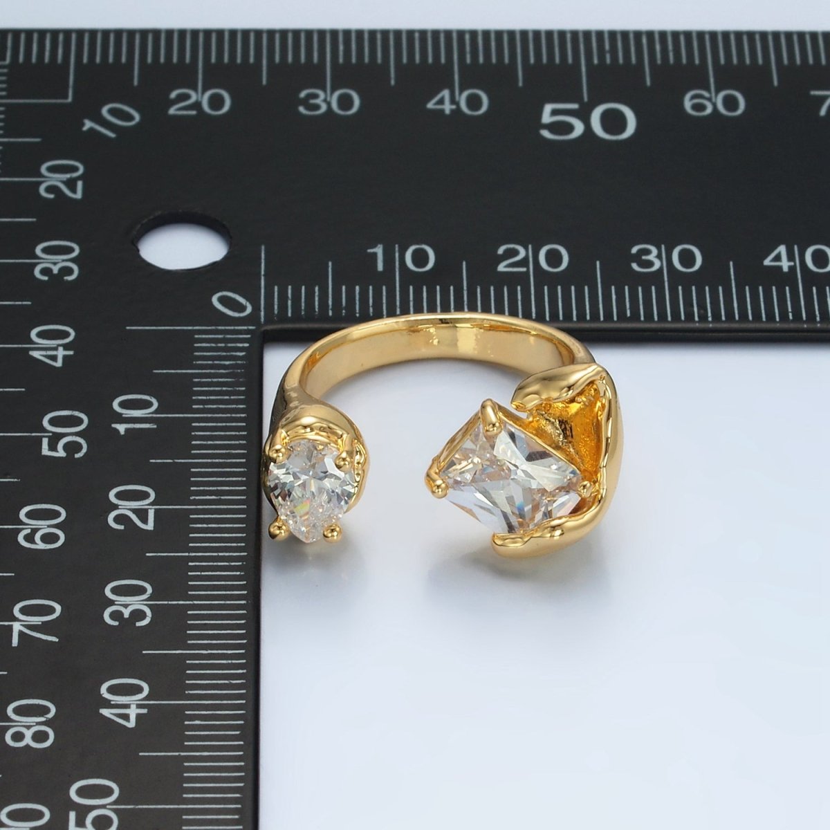 24K Gold Filled Clear CZ Baguette Teardrop Molten Wrap Ring | U339