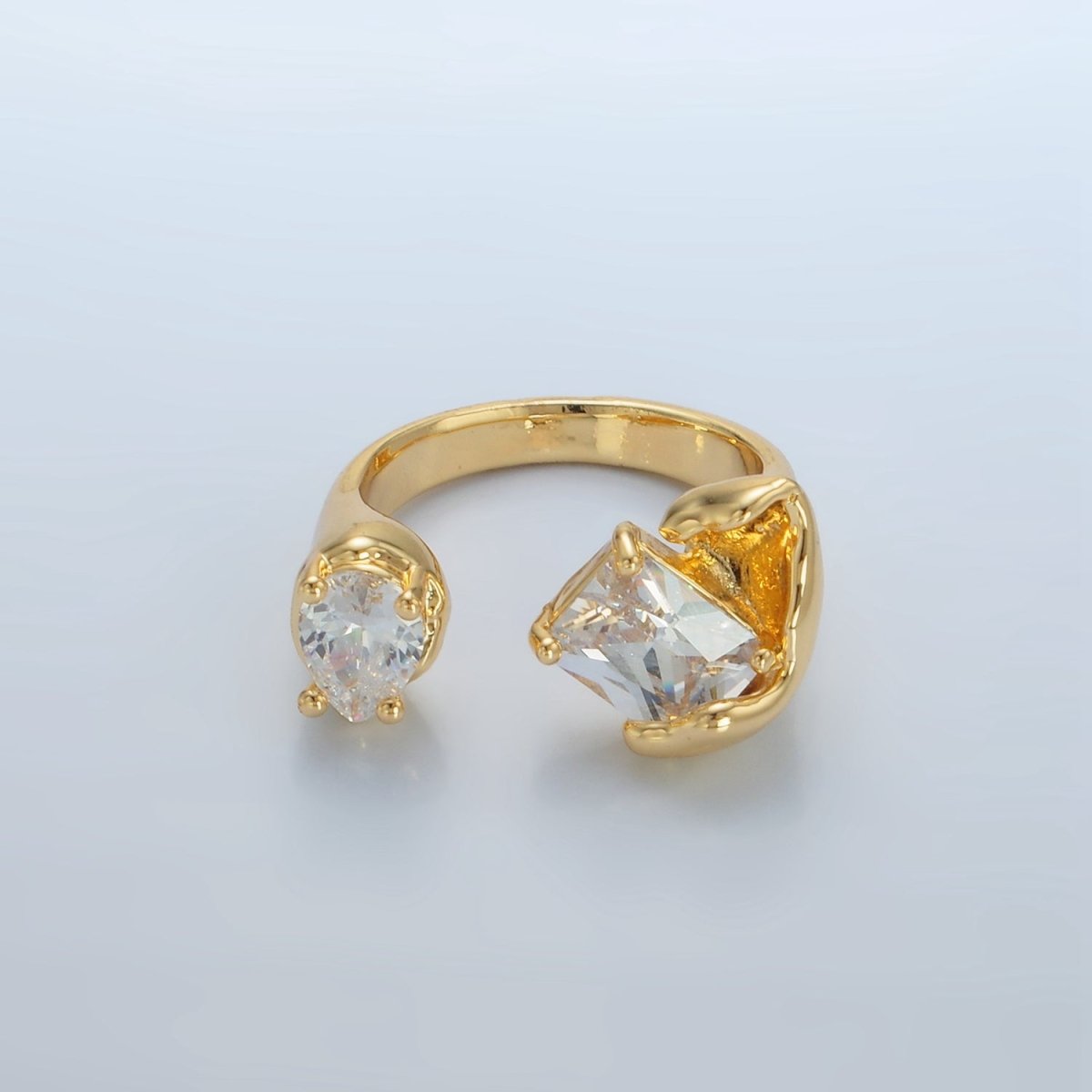 24K Gold Filled Clear CZ Baguette Teardrop Molten Wrap Ring | U339