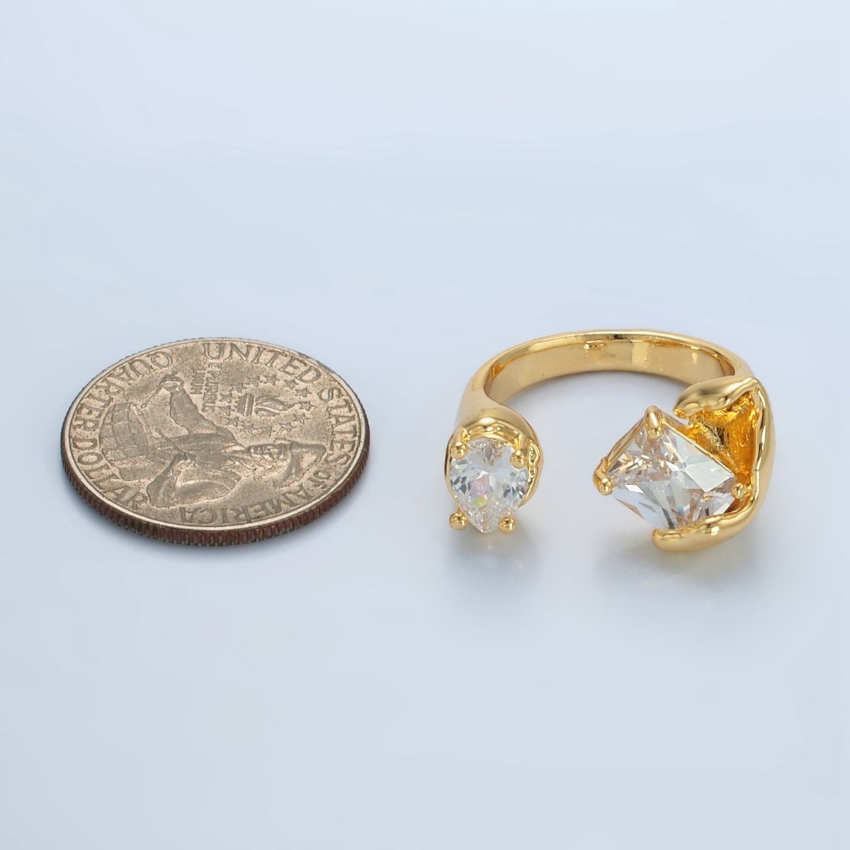 24K Gold Filled Clear CZ Baguette Teardrop Molten Wrap Ring | U339