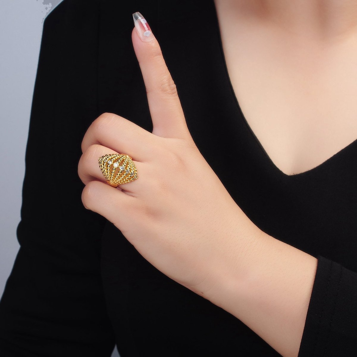 24K Gold Filled Clear CZ Beaded Bubble Sphere Geometric Ring | O1394