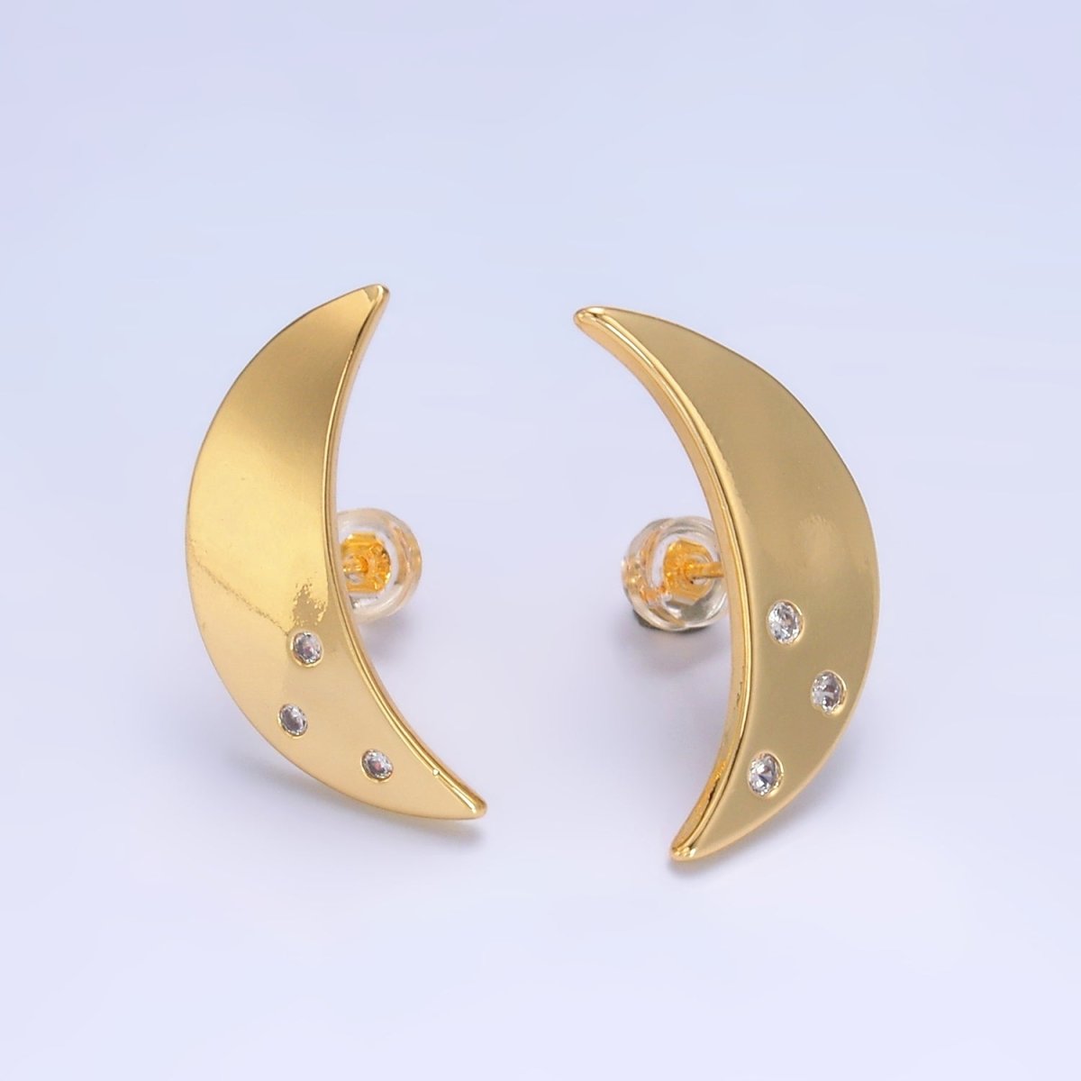 24K Gold Filled Clear CZ Celestial Crescent Moon Stud Earrings | AB081