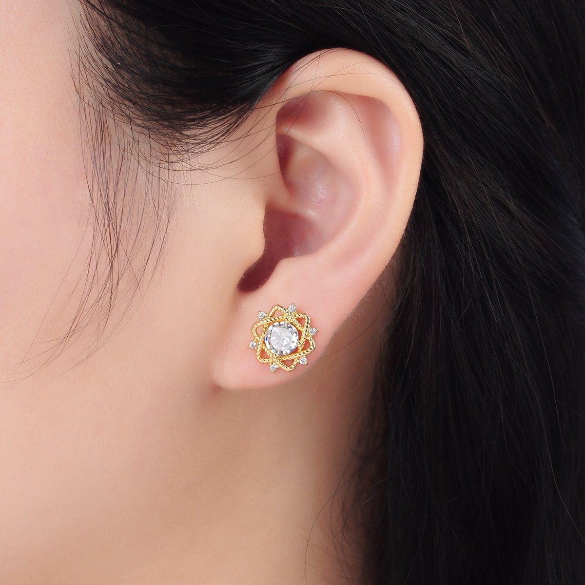 24K Gold Filled Clear CZ Celestial Star Stud Earrings | AD625