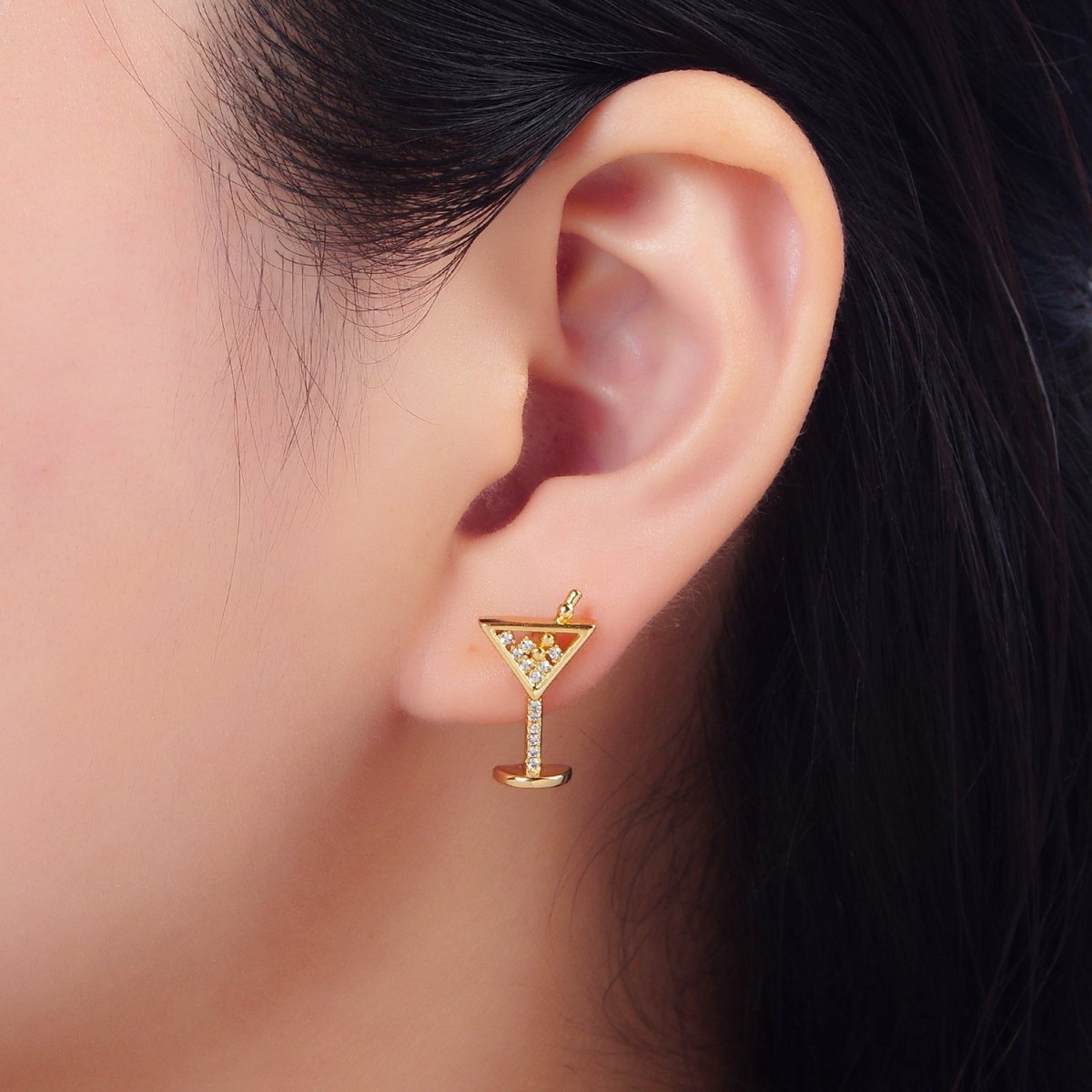 24K Gold Filled Clear Micro Paved CZ Cocktail Alcohol Drink Stud Earrings| AD693