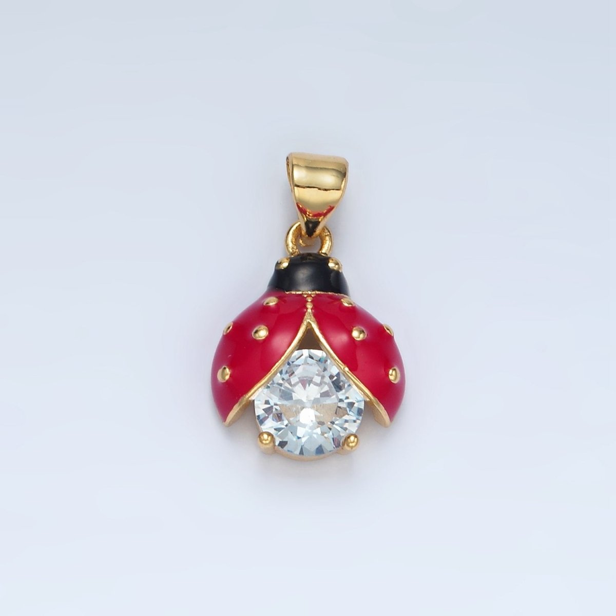 24K Gold Filled Clear CZ Enamel Lucky Ladybug Insect Pendant | I185