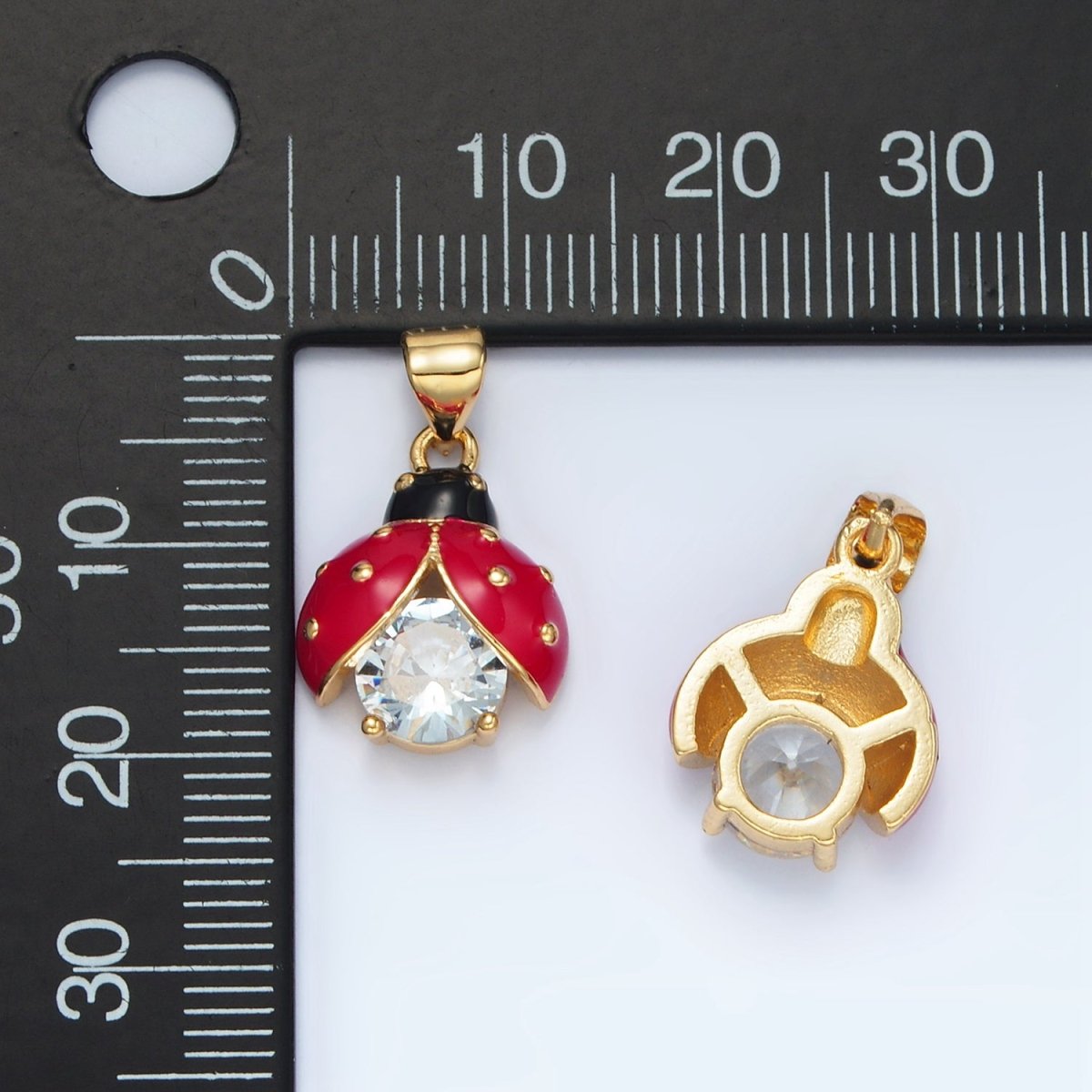24K Gold Filled Clear CZ Enamel Lucky Ladybug Insect Pendant | I185