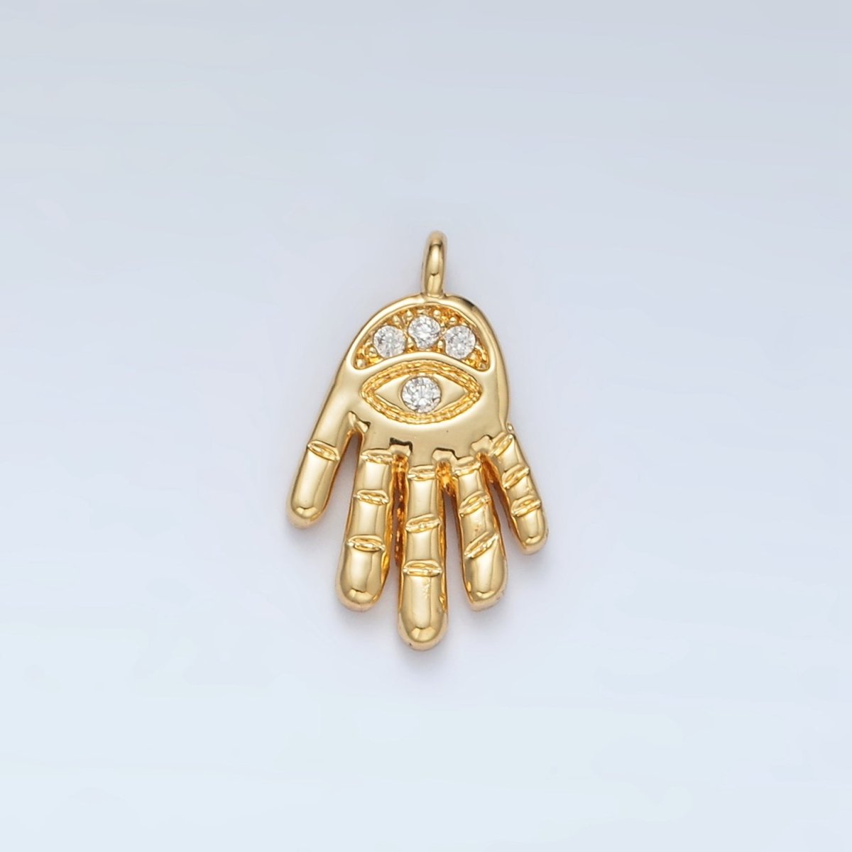 24K Gold Filled Clear CZ Evil Eye Hamsa Hand Religious Charm | M808