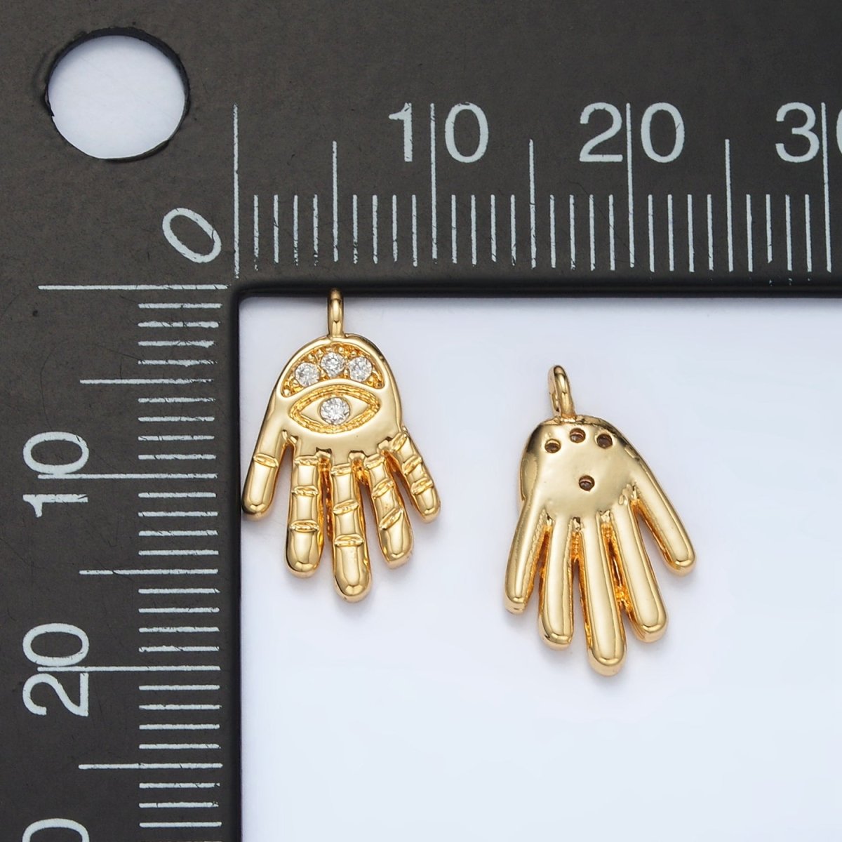 24K Gold Filled Clear CZ Evil Eye Hamsa Hand Religious Charm | M808