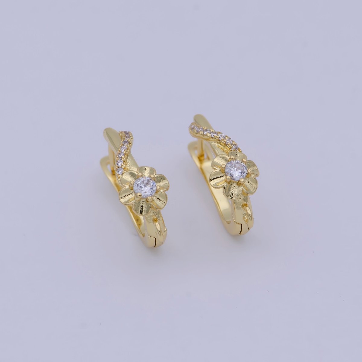 24K Gold Filled Clear CZ Flower Lined Open Loop English Lock Drop Earrings Findings | Z820