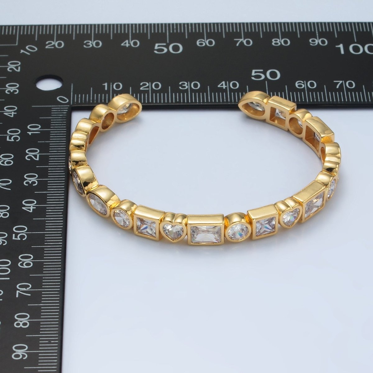 24K Gold Filled Clear CZ Heart Baguette Oval Lined Bangle Cuff Bracelet | WA-2561