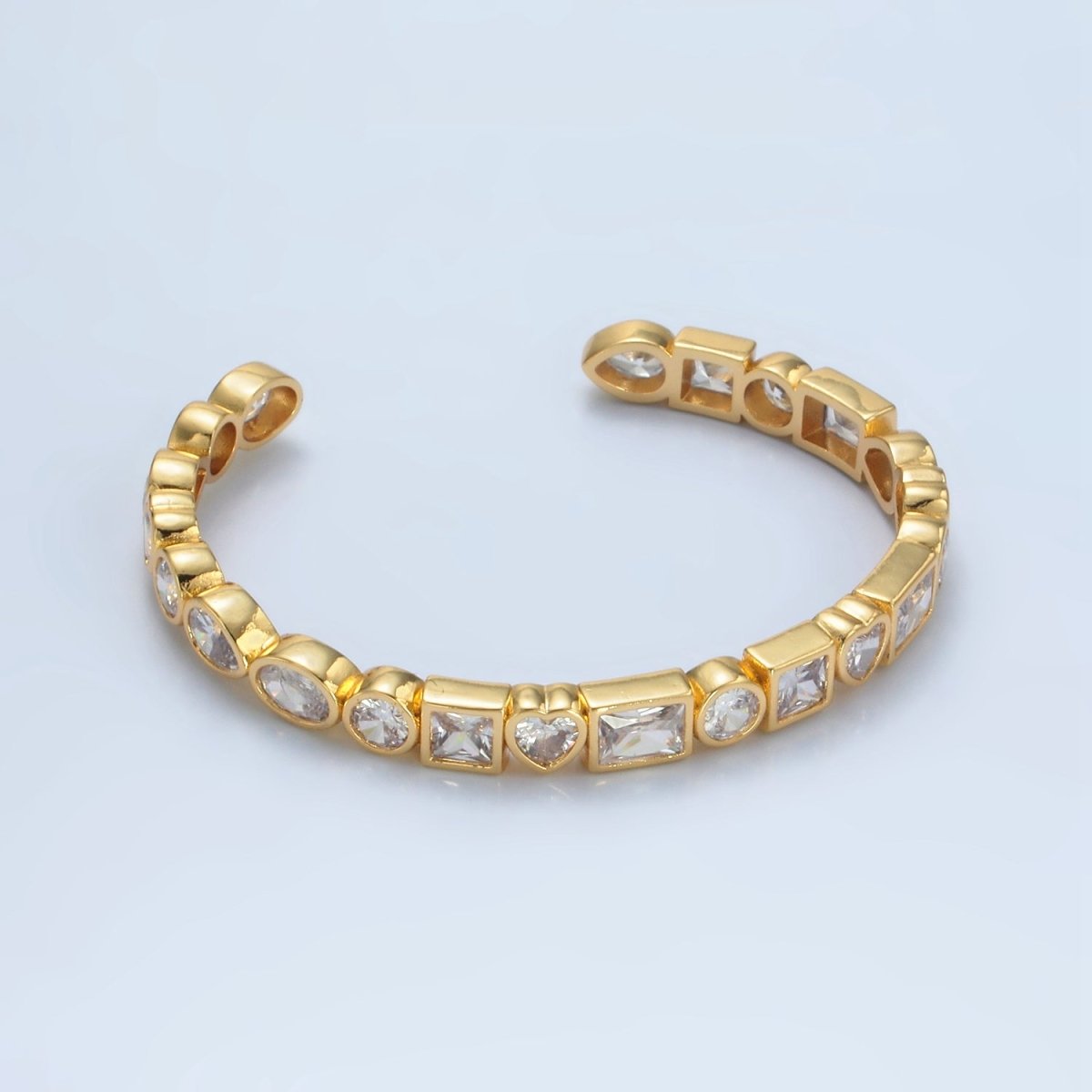24K Gold Filled Clear CZ Heart Baguette Oval Lined Bangle Cuff Bracelet | WA-2561