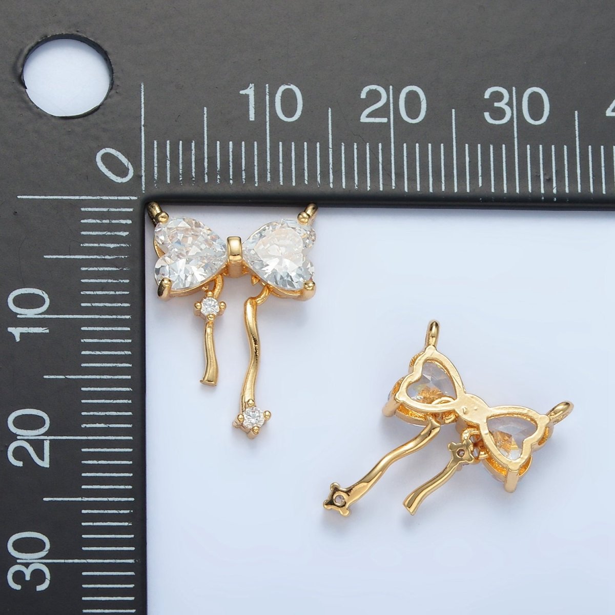 24K Gold Filled Clear CZ Heart Ribbon Bow Connector | F129