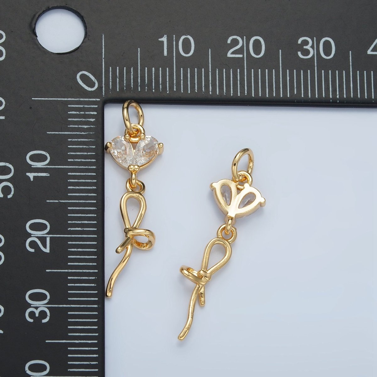 24K Gold Filled Clear CZ Heart Ribbon Bow Drop Charm | N1416