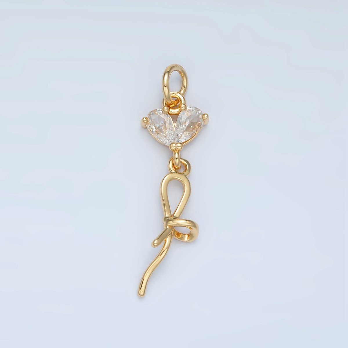 24K Gold Filled Clear CZ Heart Ribbon Bow Drop Charm | N1416