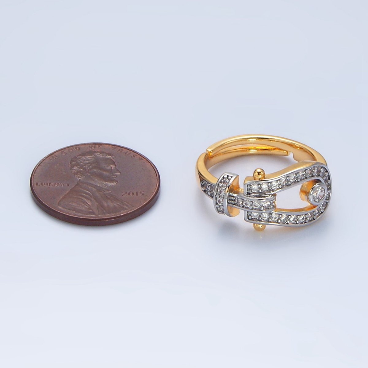 24K Gold Filled Clear CZ Micro  Paved Buckle Mixed Metal Ring | O1410