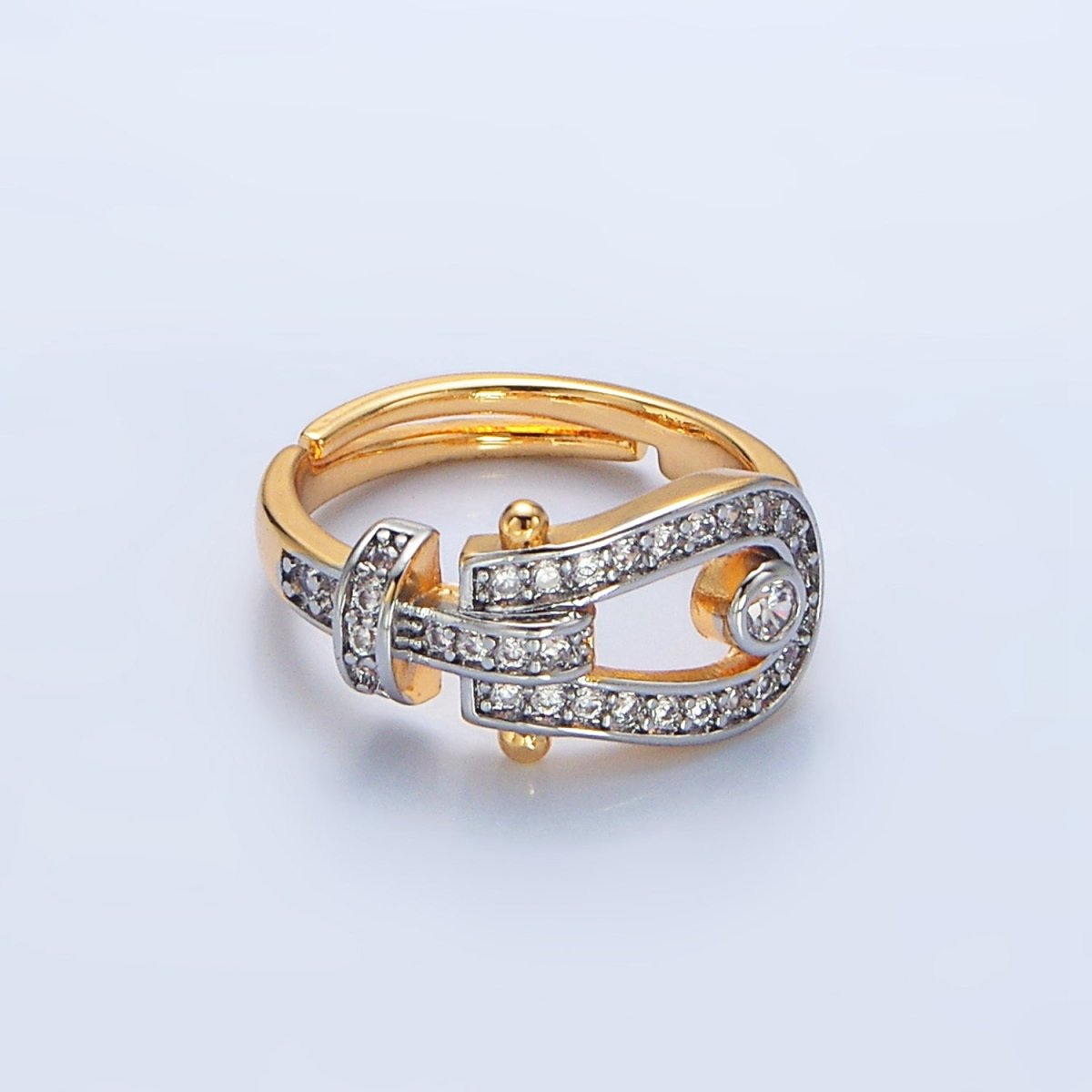 24K Gold Filled Clear CZ Micro  Paved Buckle Mixed Metal Ring | O1410