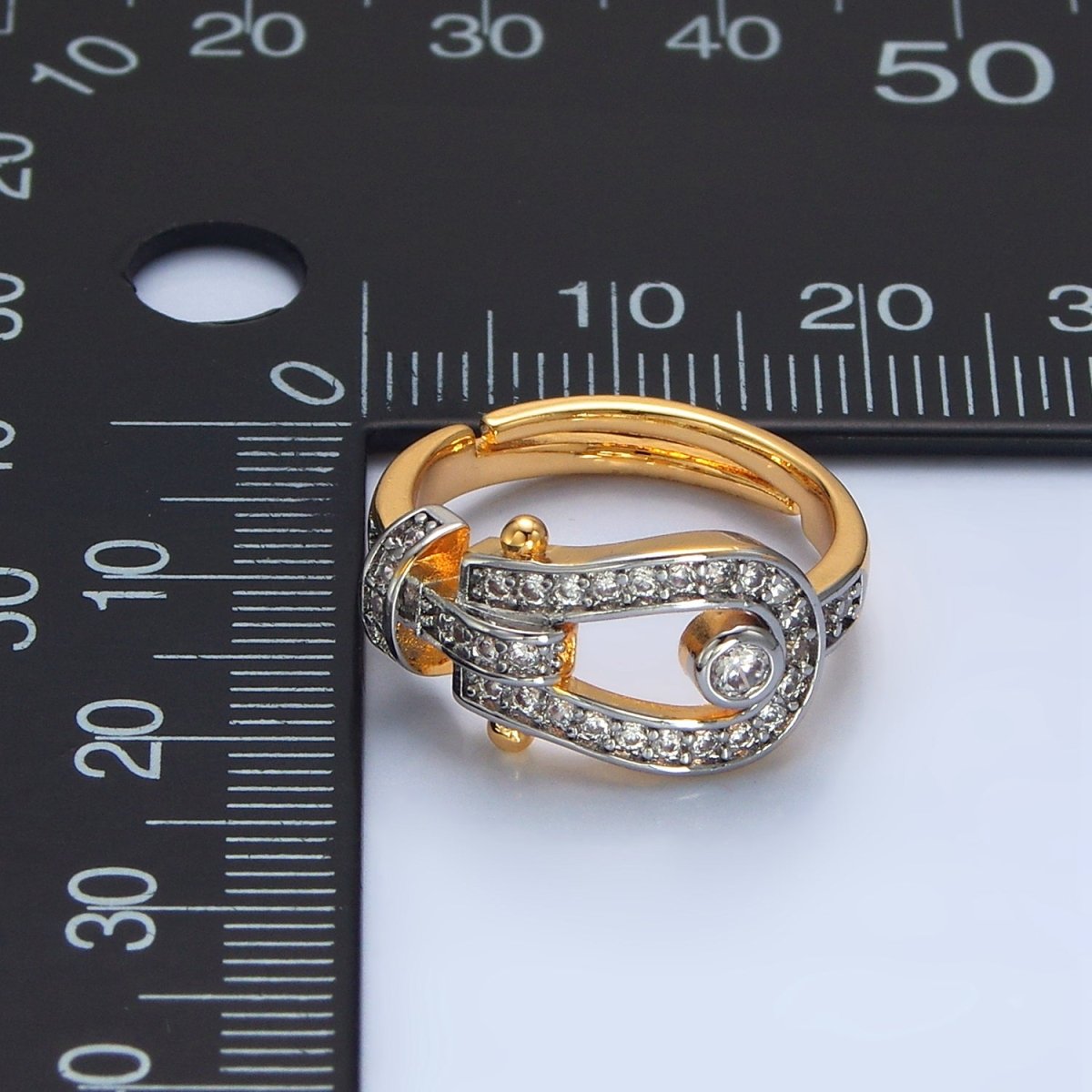 24K Gold Filled Clear CZ Micro  Paved Buckle Mixed Metal Ring | O1410