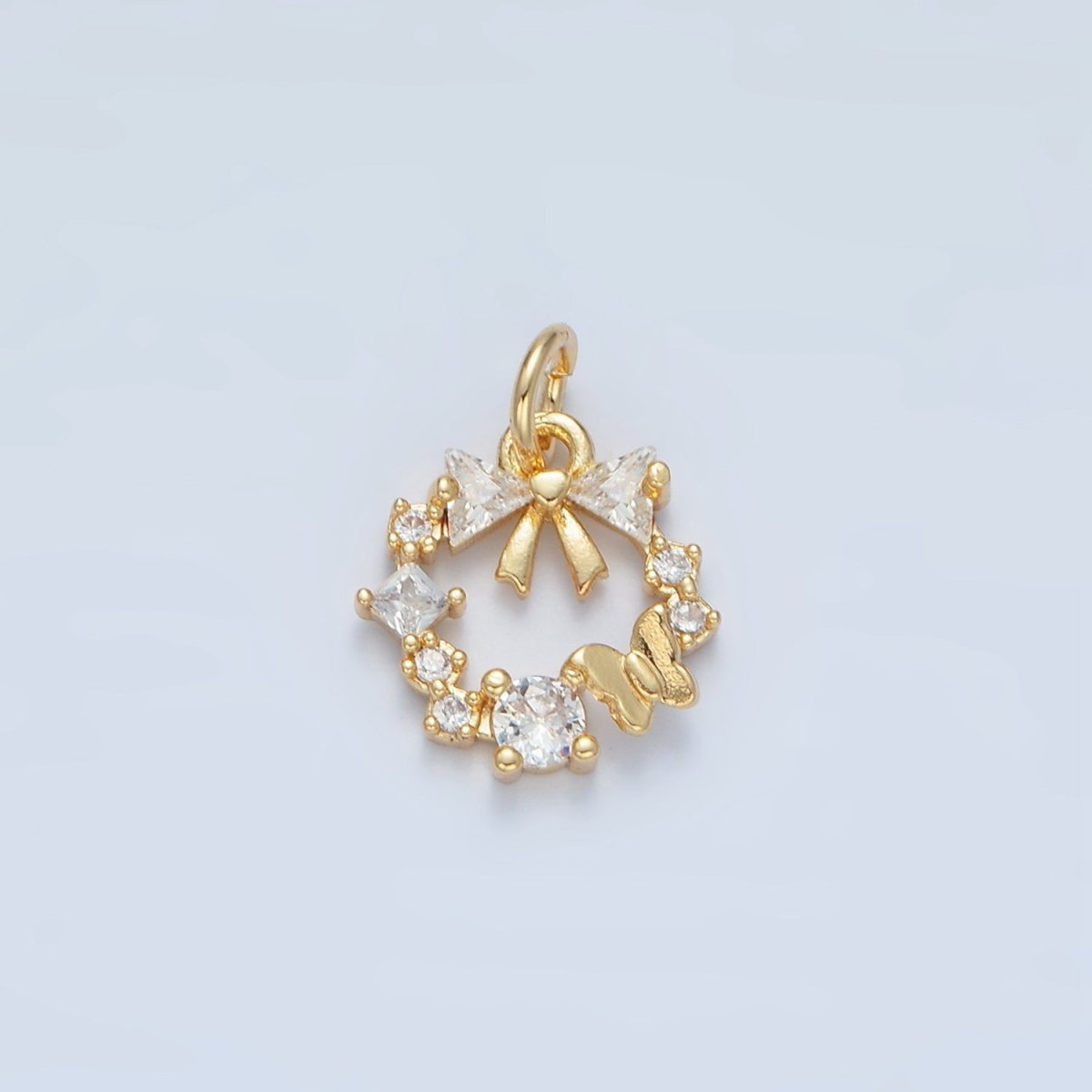 24k Gold Filled Clear CZ Micro Paved Butterfly Ribbon Bow Round Circle Charm  | X456