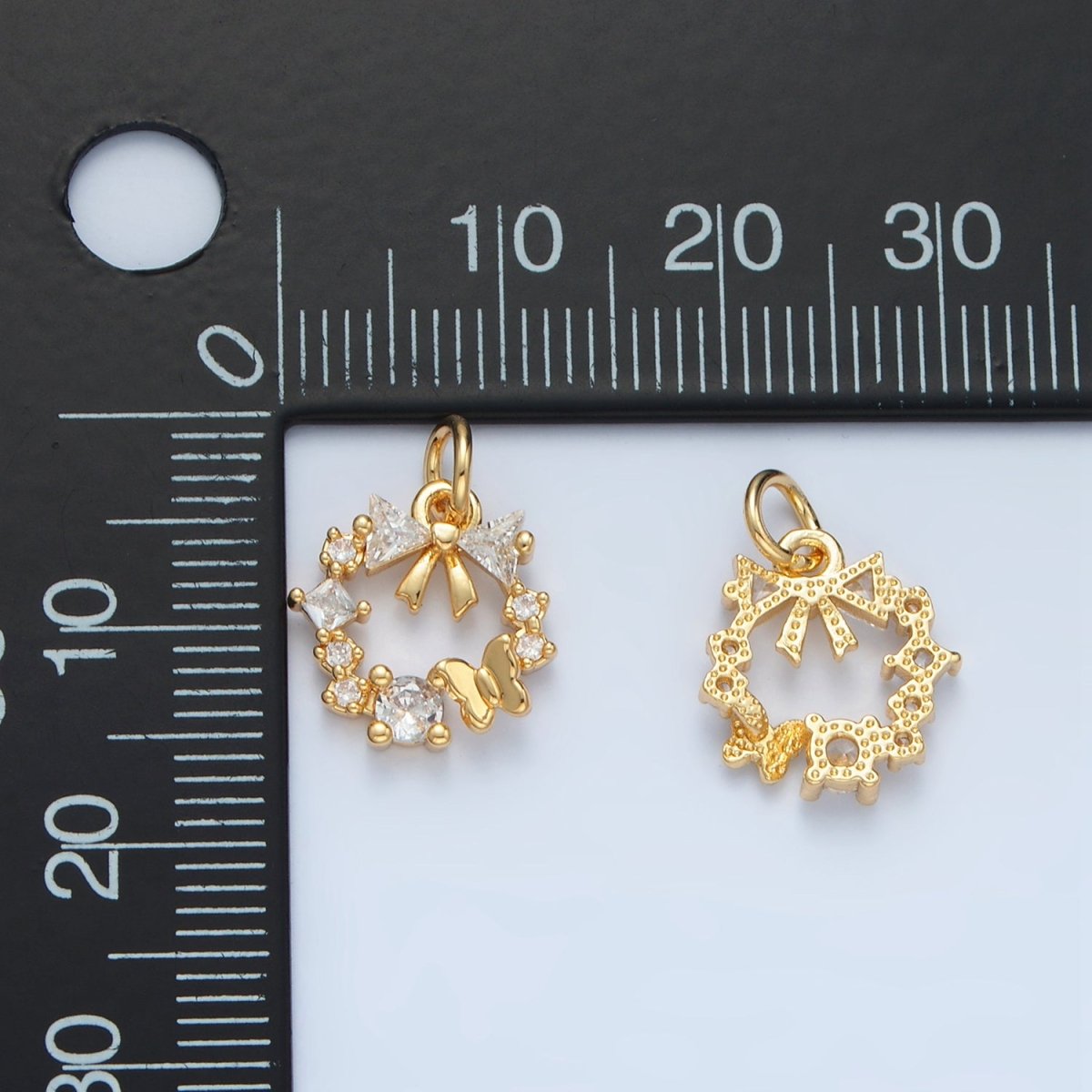 24k Gold Filled Clear CZ Micro Paved Butterfly Ribbon Bow Round Circle Charm  | X456