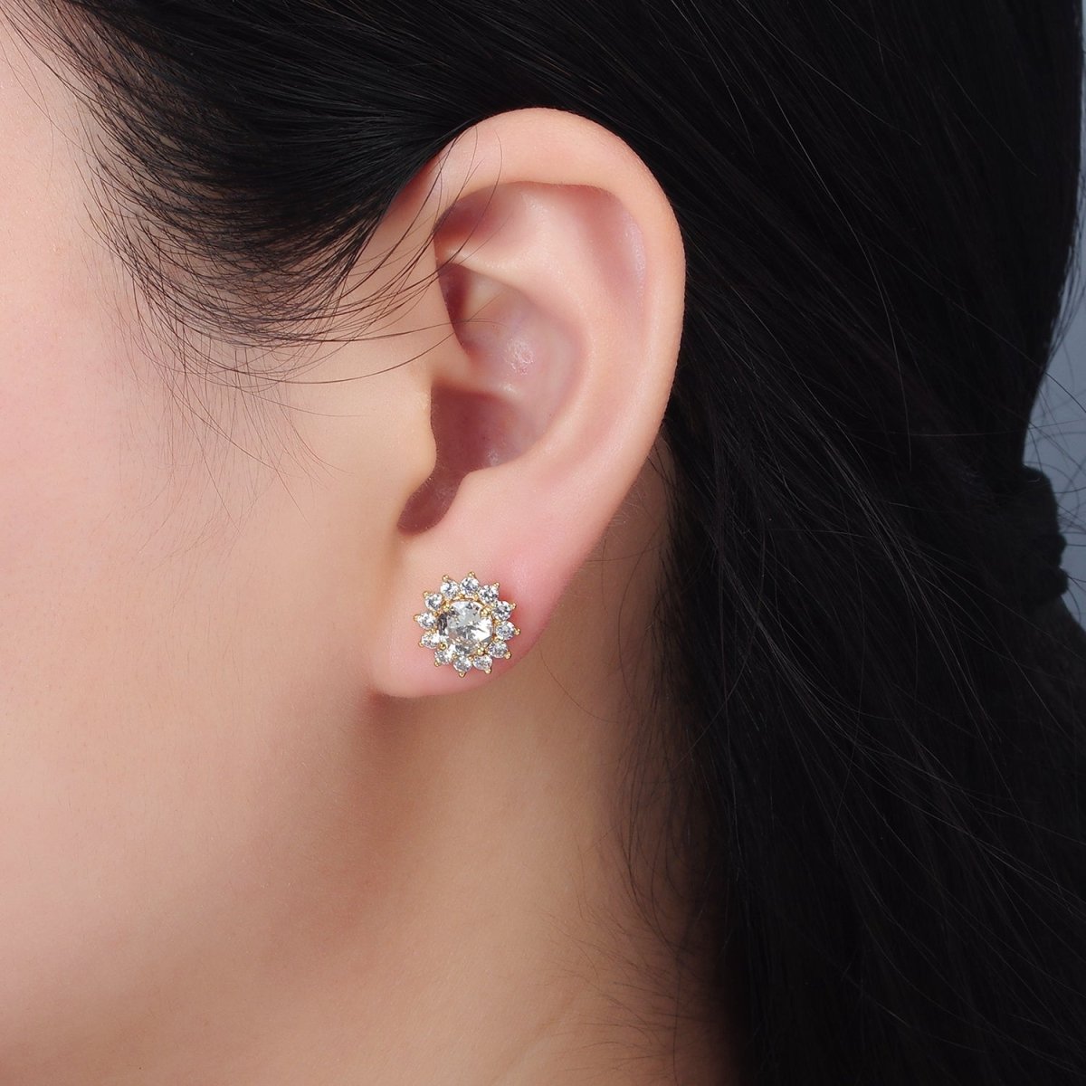 24K Gold Filled Clear CZ Celestial Sun Stud Earrings | AD738