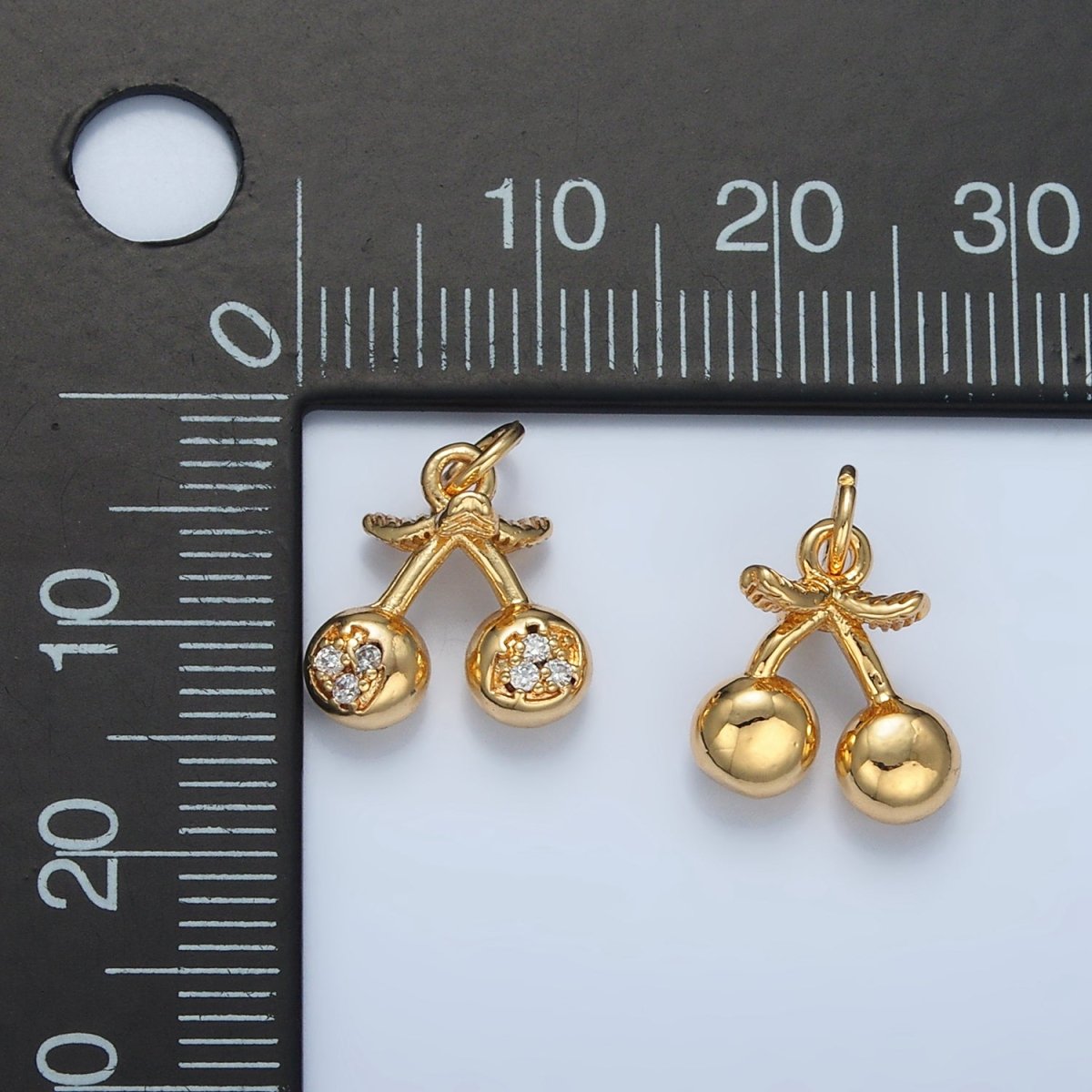 24K Gold Filled Clear CZ Micro Paved Cherry Fruit Mini Multidimensional Charm | E259