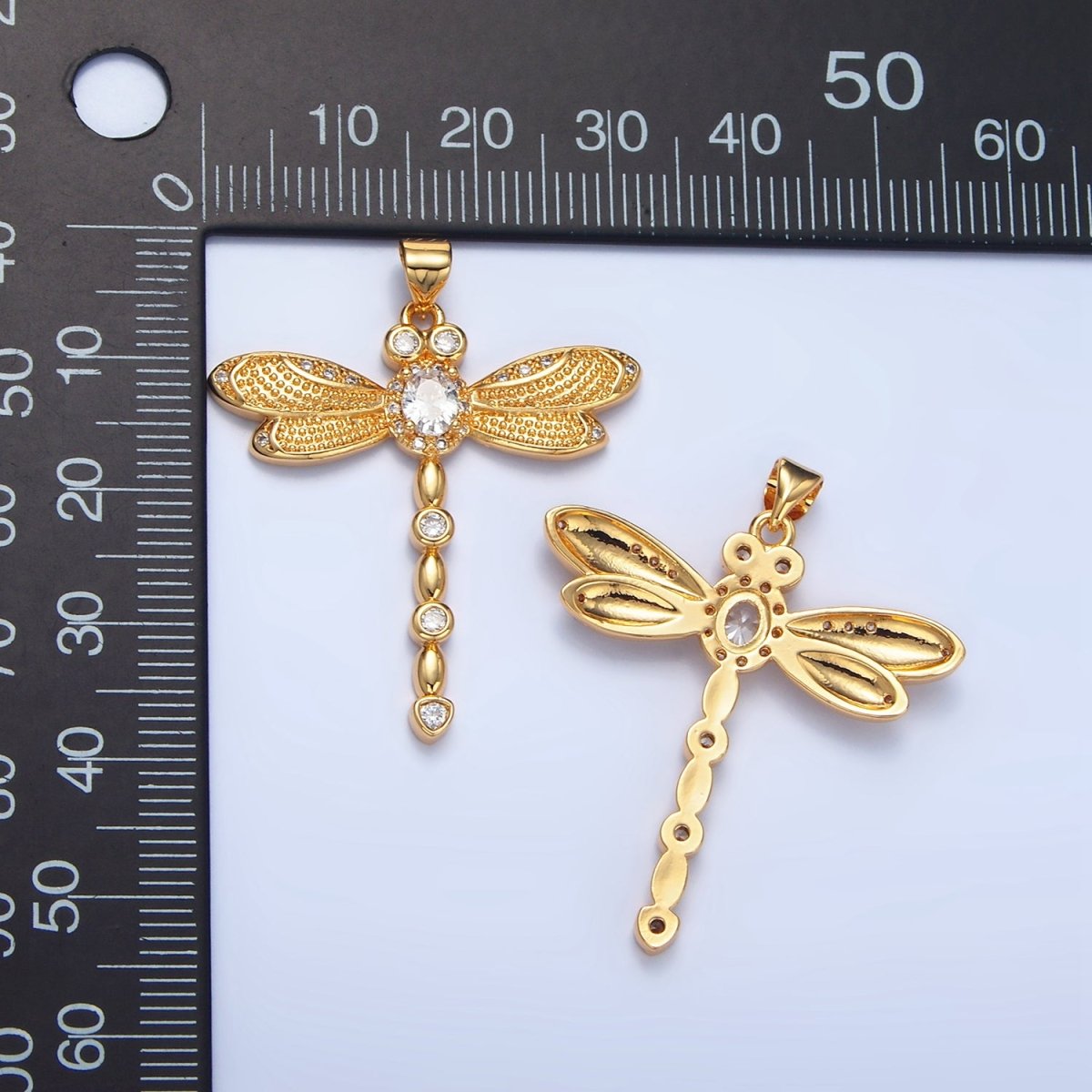 24K Gold Filled Clear CZ Micro Paved Dotted Dragonfly Insect Pendant | AA949