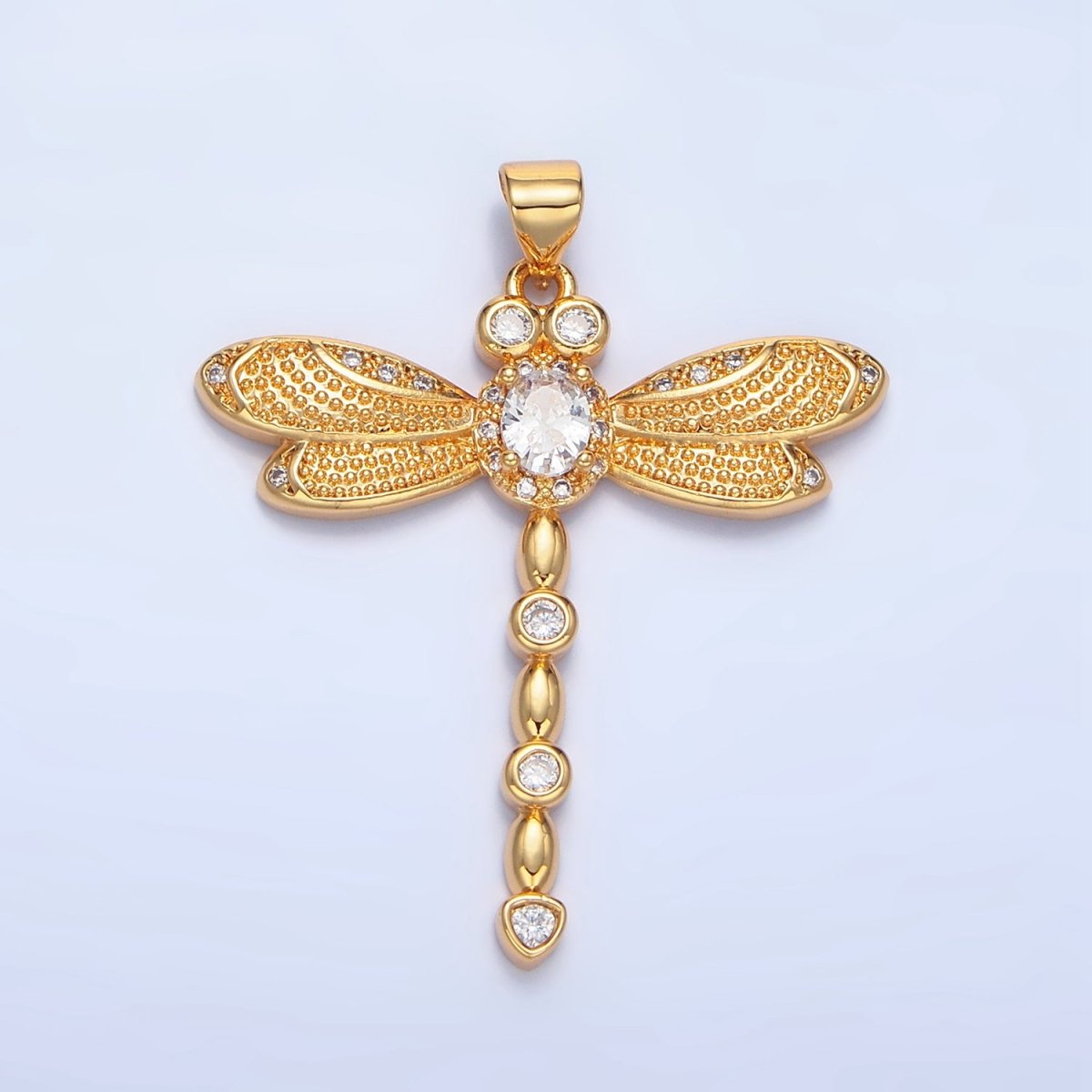 24K Gold Filled Clear CZ Micro Paved Dotted Dragonfly Insect Pendant | AA949