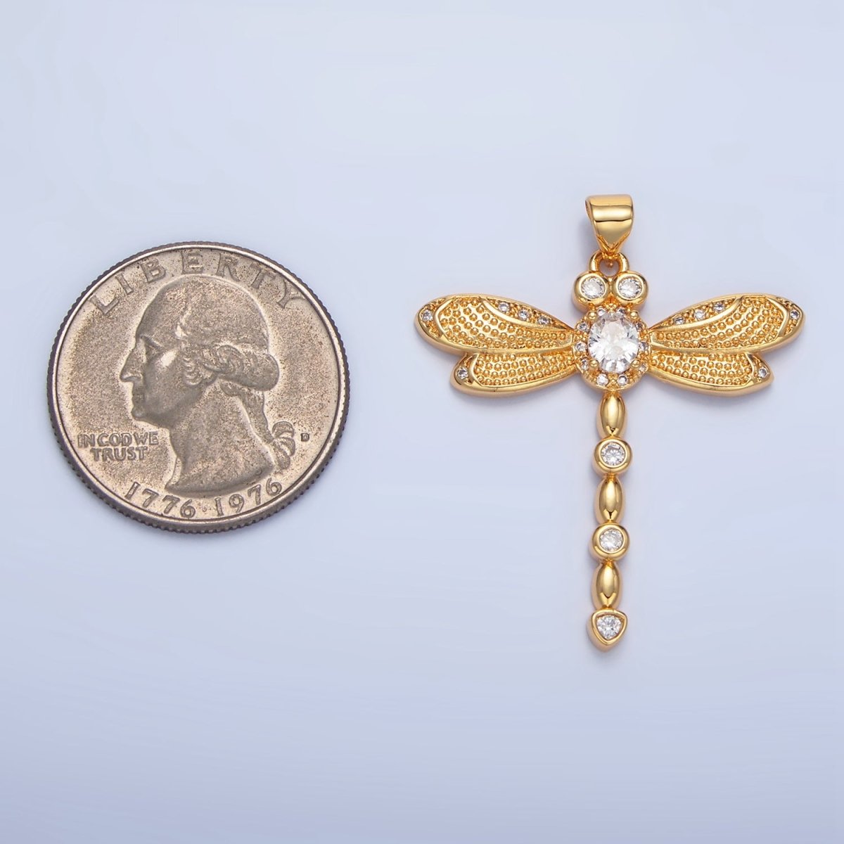 24K Gold Filled Clear CZ Micro Paved Dotted Dragonfly Insect Pendant | AA949