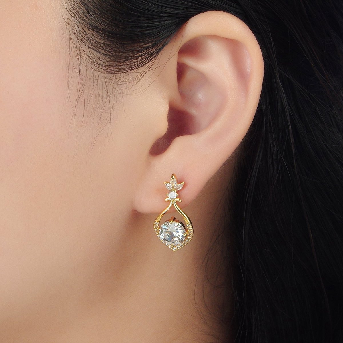 24K Gold Filled Clear CZ Micro Paved Fleur Open Curved Stud Earrings | AD750
