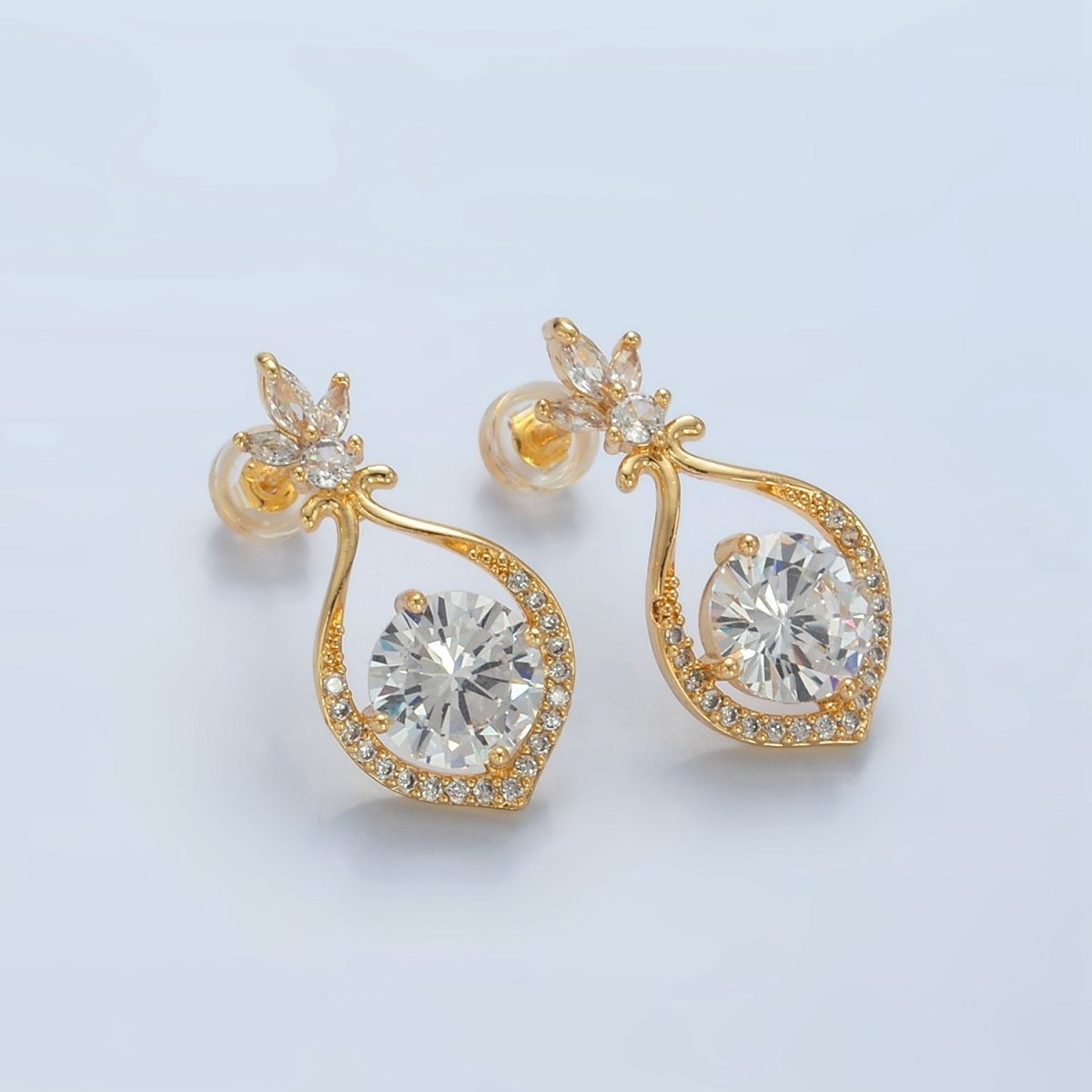 24K Gold Filled Clear CZ Micro Paved Fleur Open Curved Stud Earrings | AD750