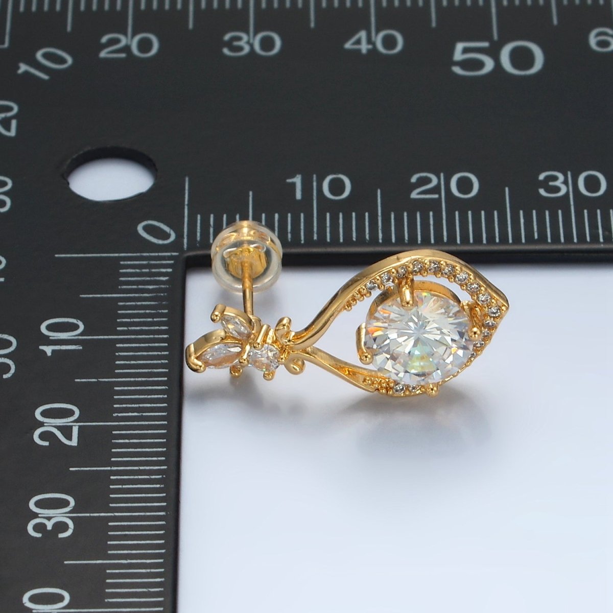 24K Gold Filled Clear CZ Micro Paved Fleur Open Curved Stud Earrings | AD750