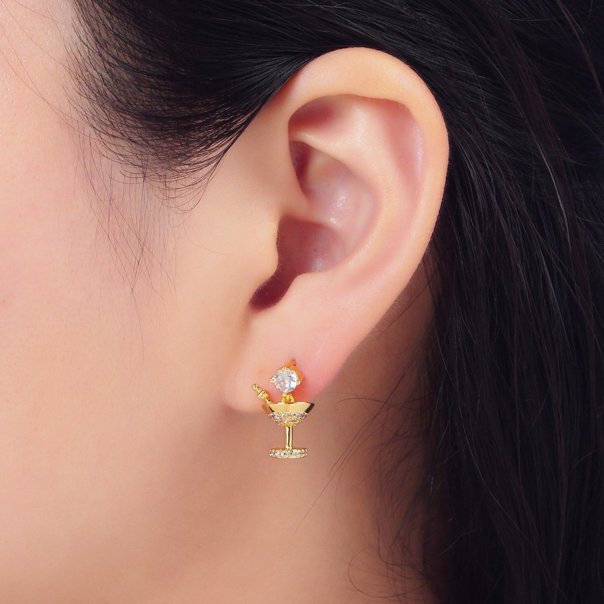 24K Gold Filled Micro Paved CZ Martini Alcohol Drink Stud Earrings | AD728