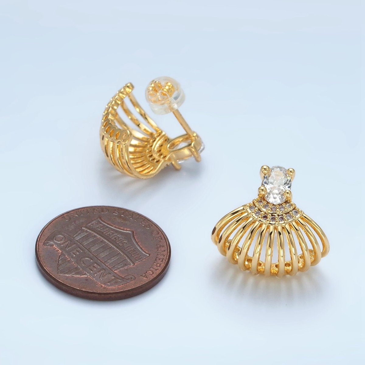 24K Gold Filled CZ Micro Paved Clam Sea Shell Stud Earrings | AD747