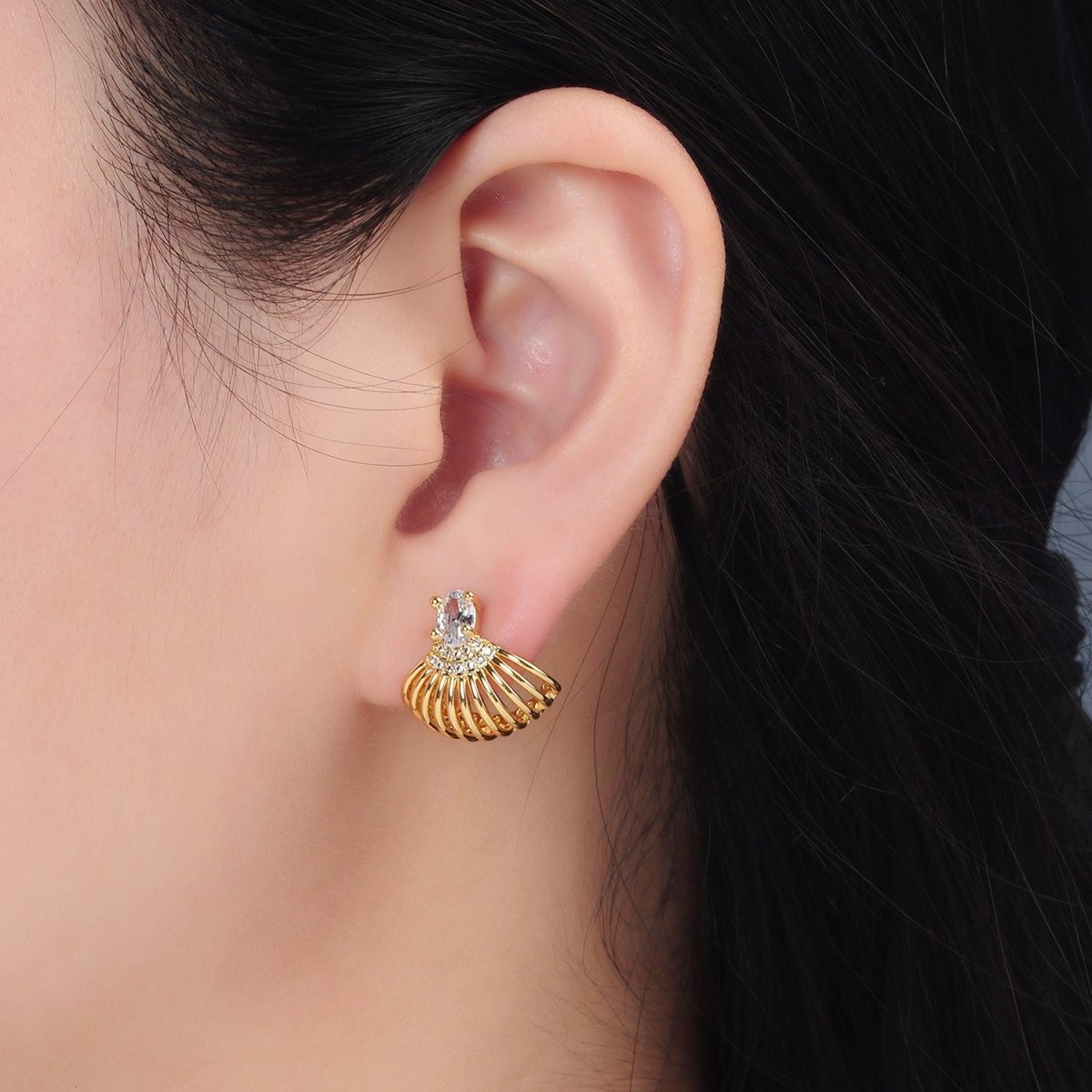 24K Gold Filled CZ Micro Paved Clam Sea Shell Stud Earrings | AD747