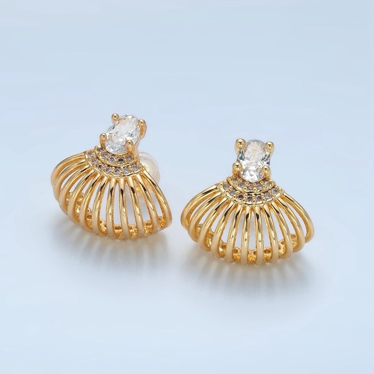 24K Gold Filled CZ Micro Paved Clam Sea Shell Stud Earrings | AD747