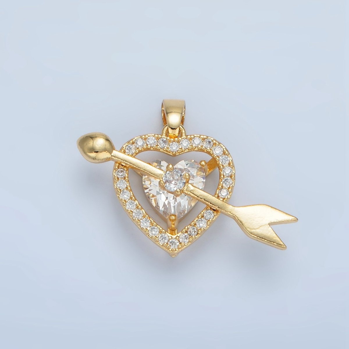 24K Gold Filled Clear CZ Micro Paved Open Heart Arrow Cupid Pendant | AA870