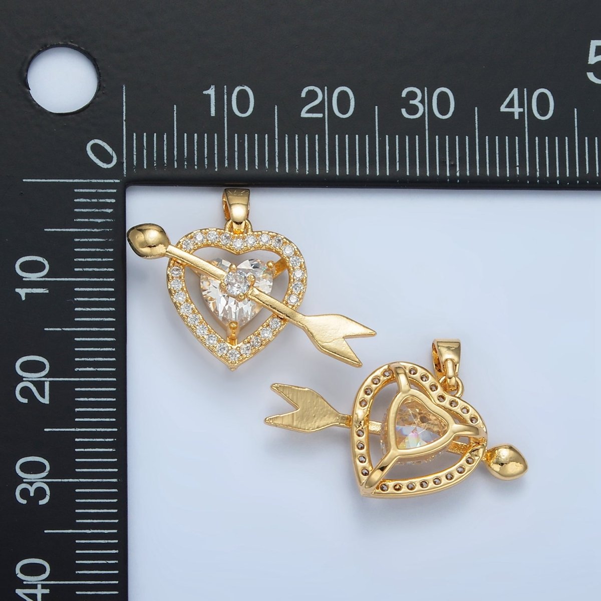 24K Gold Filled Clear CZ Micro Paved Open Heart Arrow Cupid Pendant | AA870
