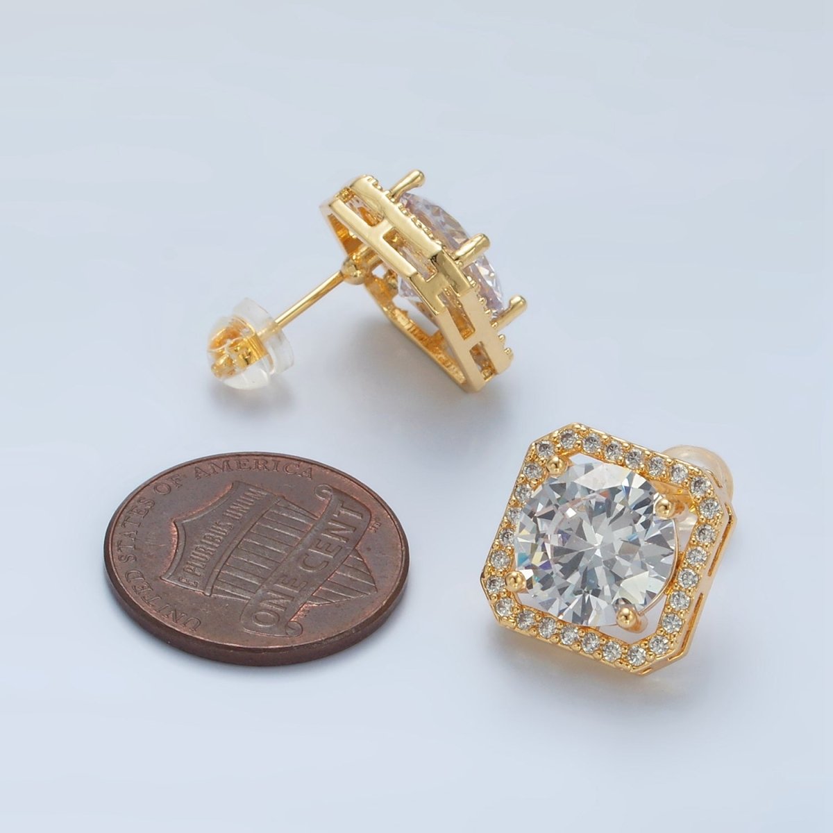 24K Gold Filled Clear CZ Micro Paved Open Square Stud Earrings | AD756