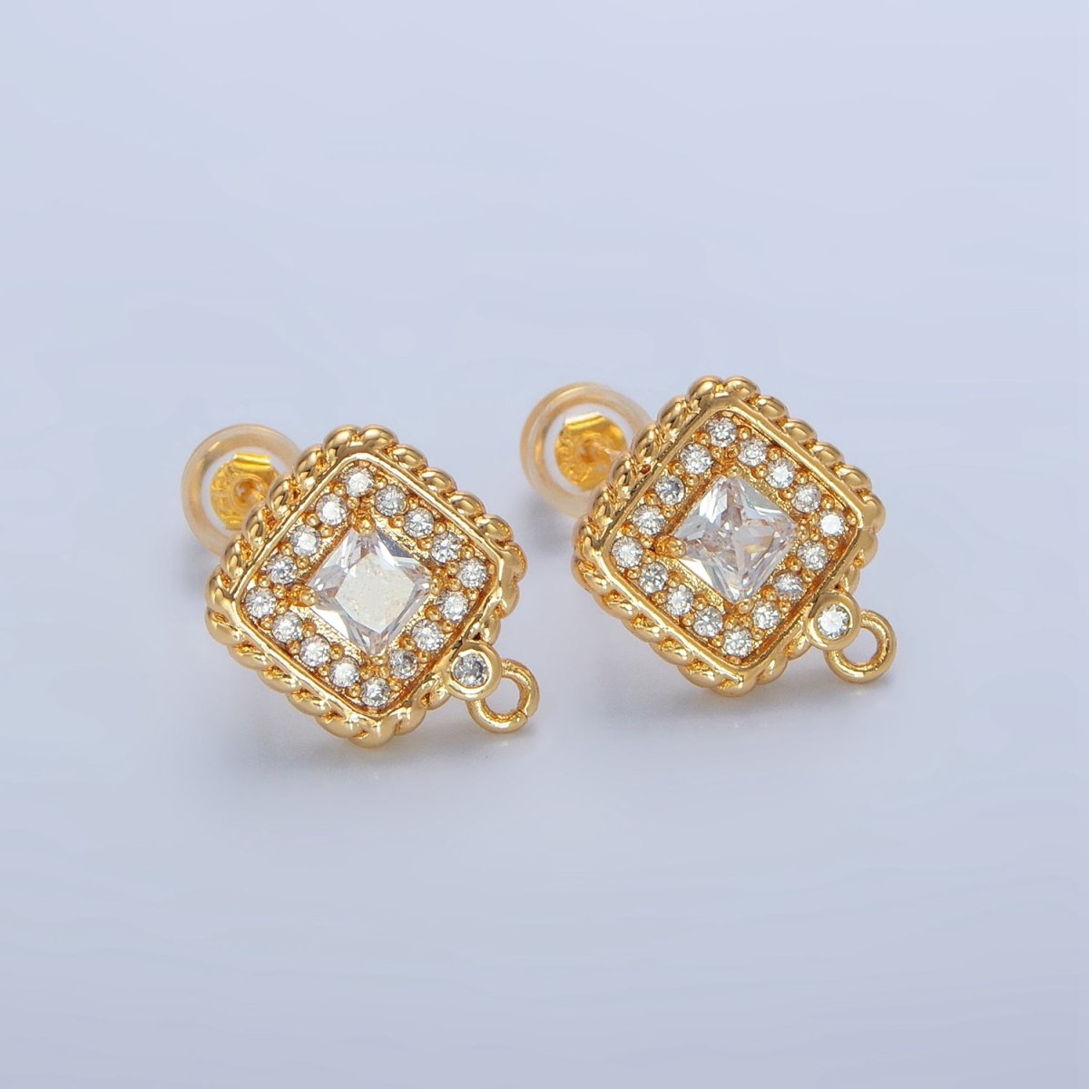 24K Gold Filled Clear CZ Micro Paved Square Braided Bezel Open Loop Drop Stud Earring Findings | Z957