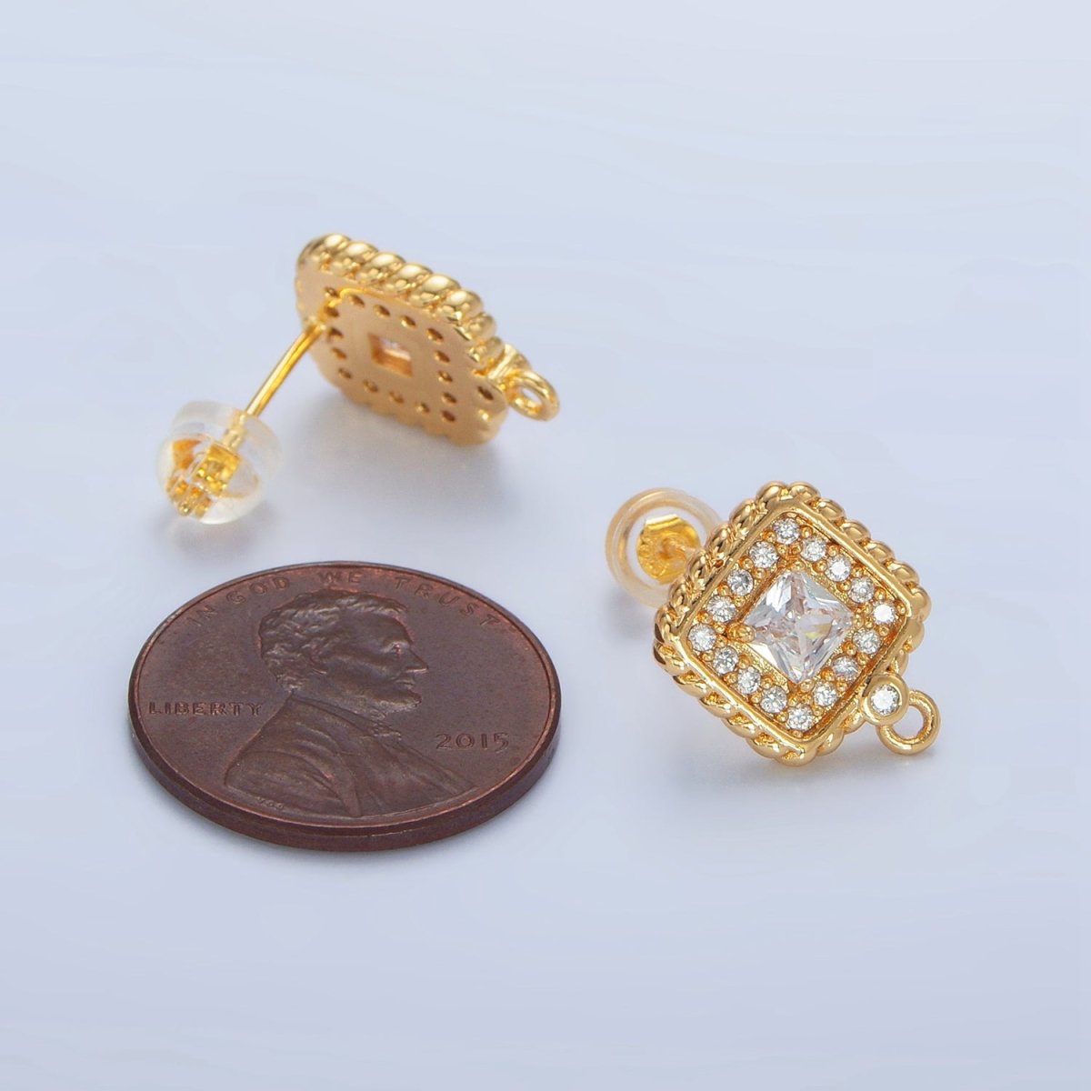 24K Gold Filled Clear CZ Micro Paved Square Braided Bezel Open Loop Drop Stud Earring Findings | Z957